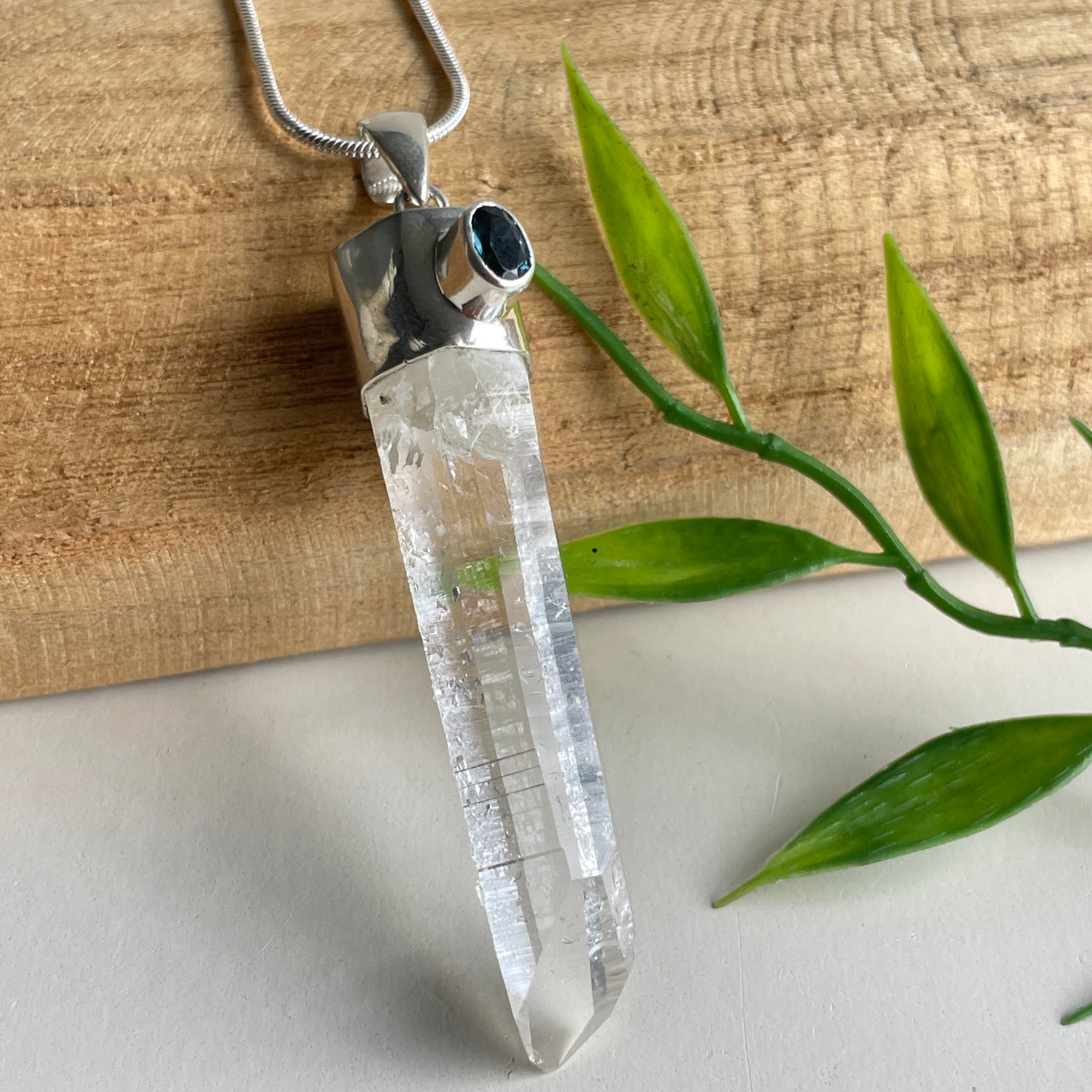 AAA Lemurian Laser Point Pendant With London Blue Topaz