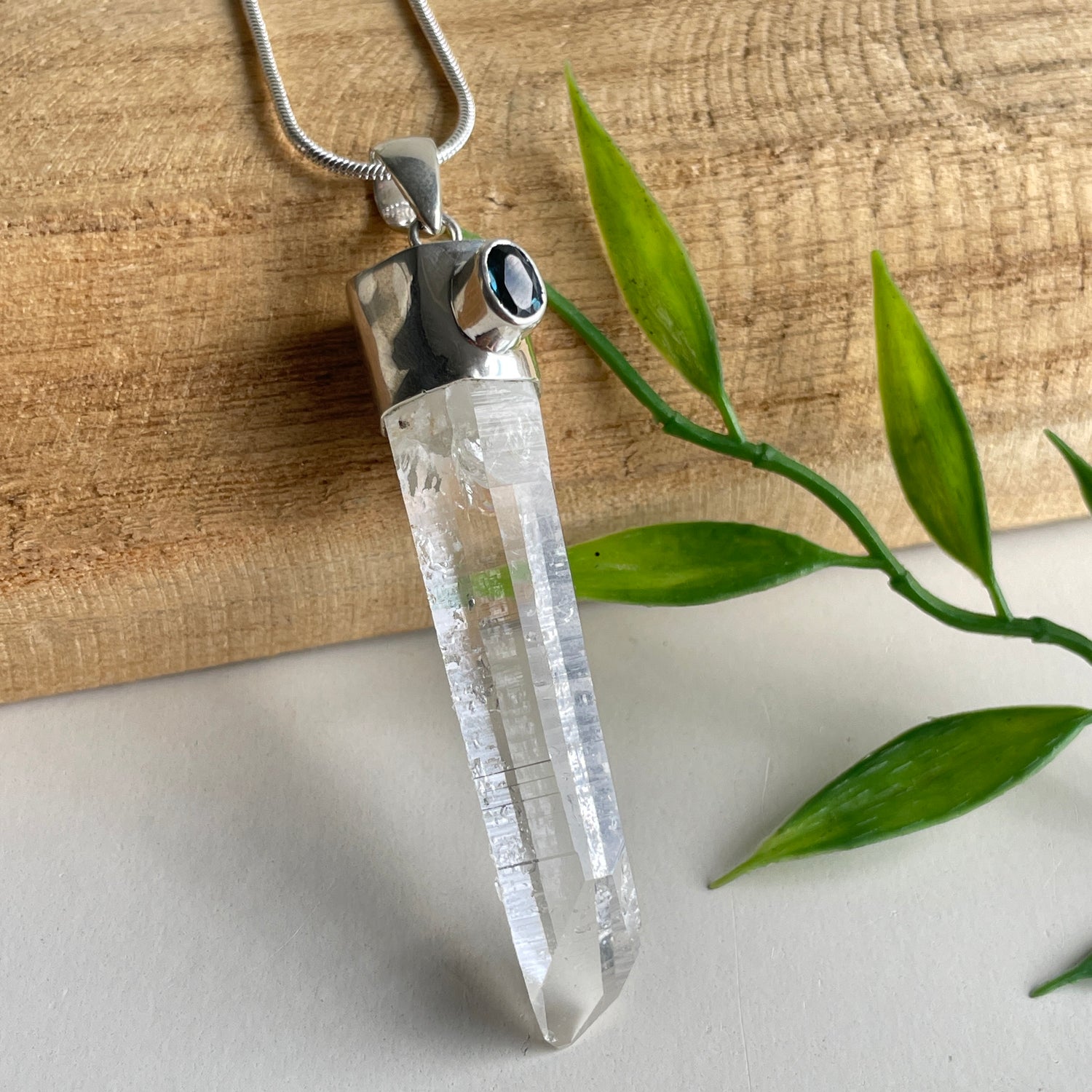AAA Lemurian Laser Point Pendant With London Blue Topaz