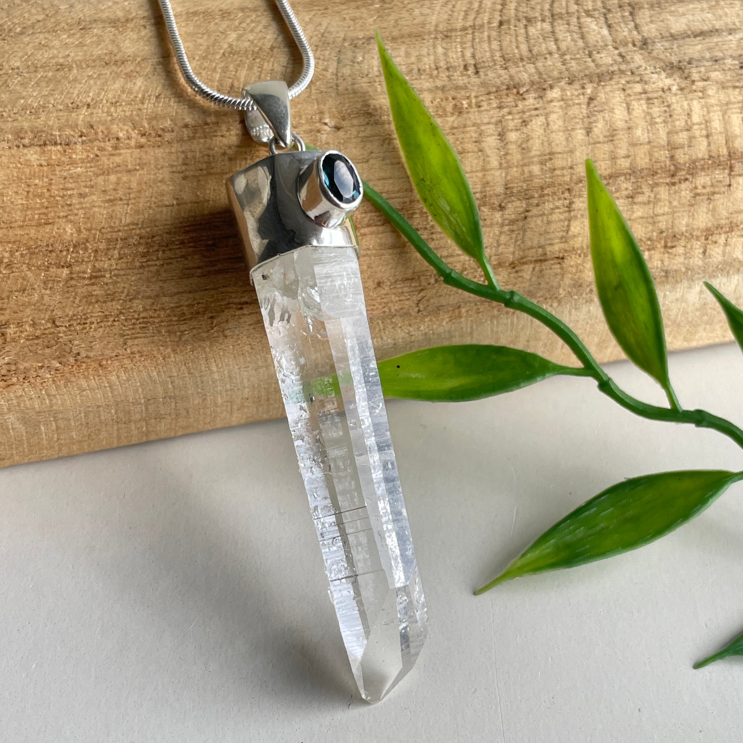 AAA Lemurian Laser Point Pendant With London Blue Topaz