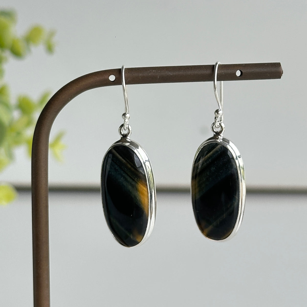 Blue Tigers Eye Oval Earrings