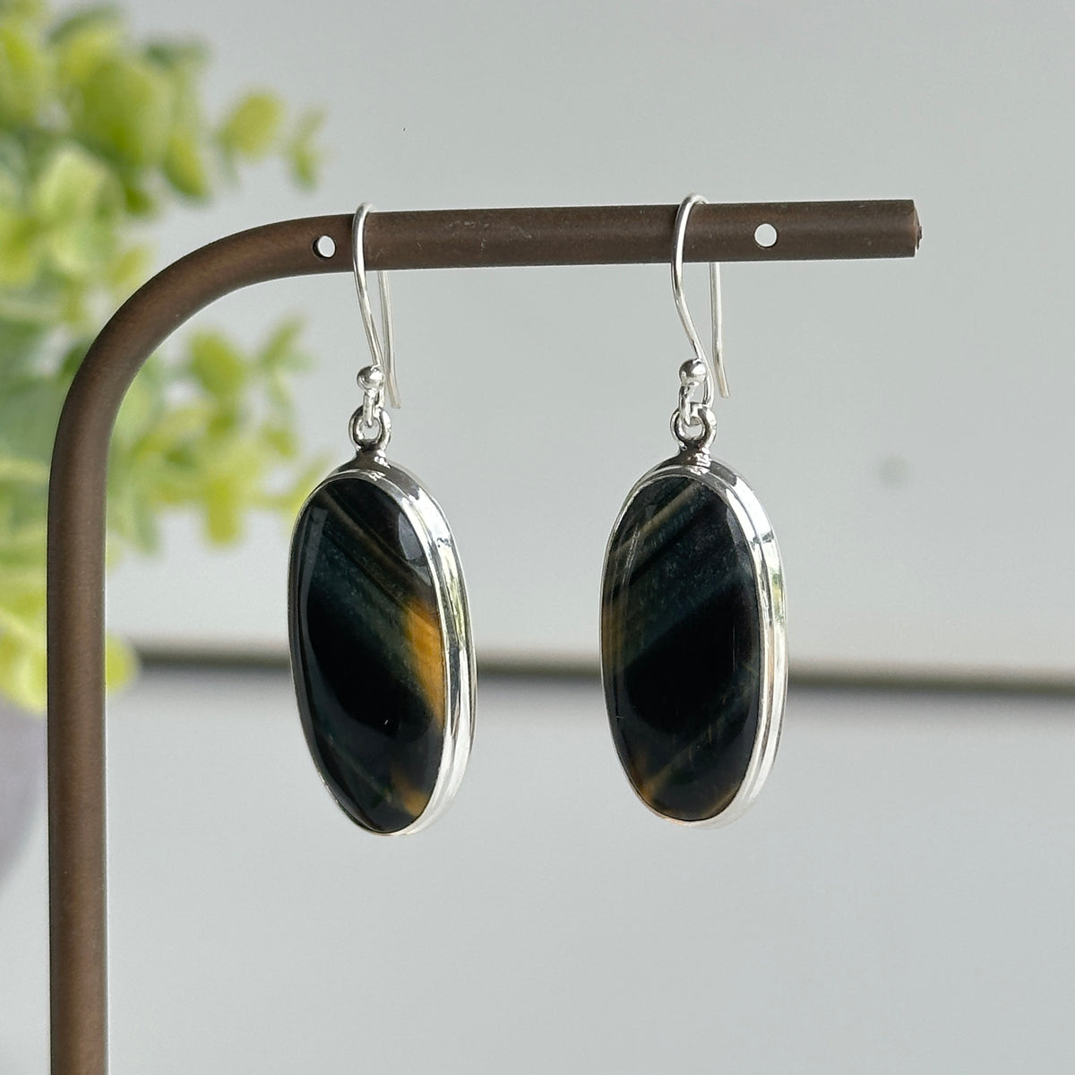 Blue Tigers Eye Oval Earrings