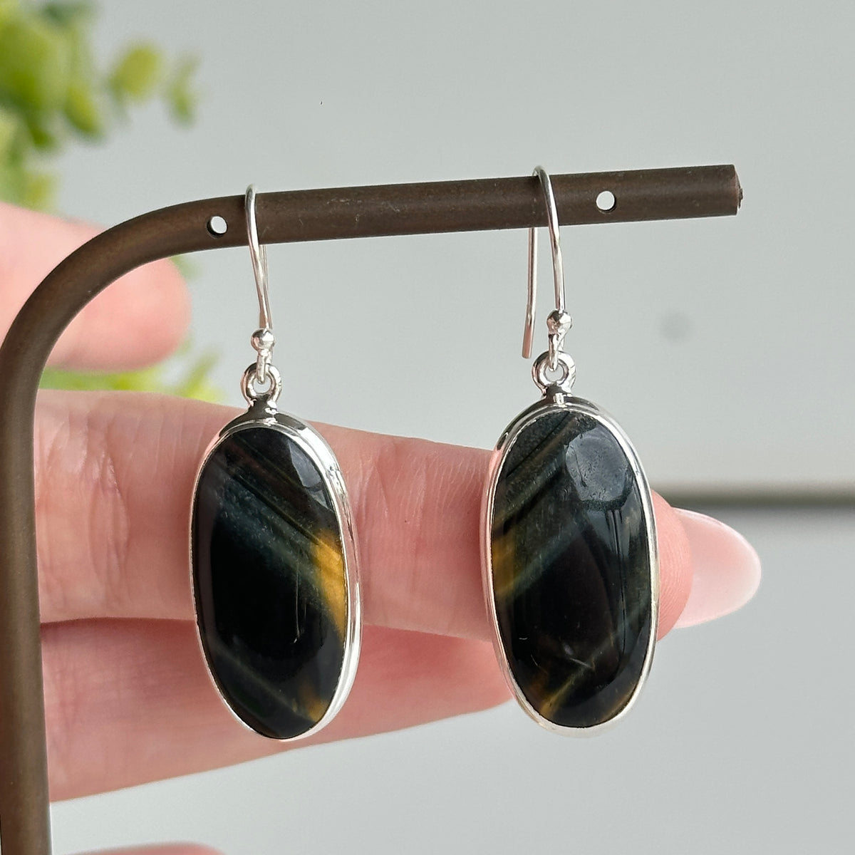 Blue Tigers Eye Oval Earrings