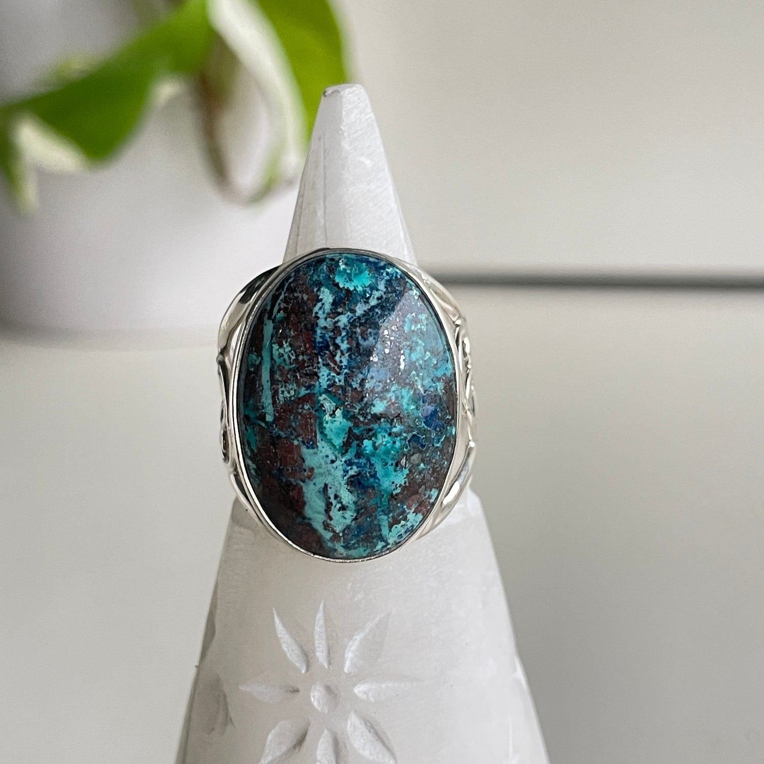 Chrysocolla Shattuckite Oval Ring Sz10
