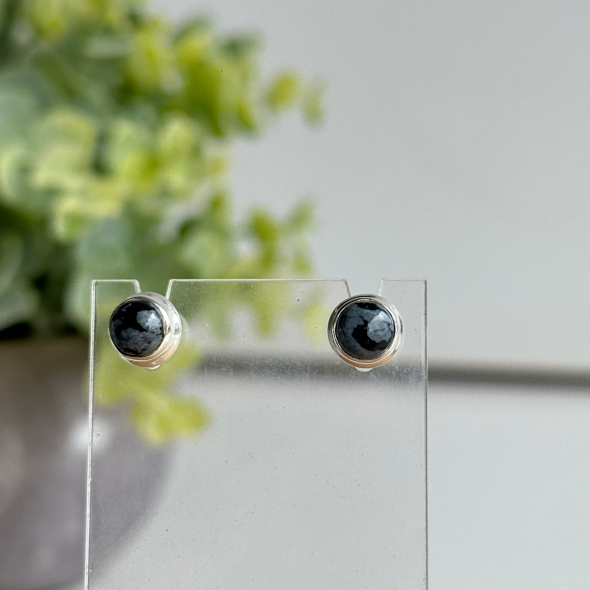 Snowflake Obsidian Round Stud Earrings