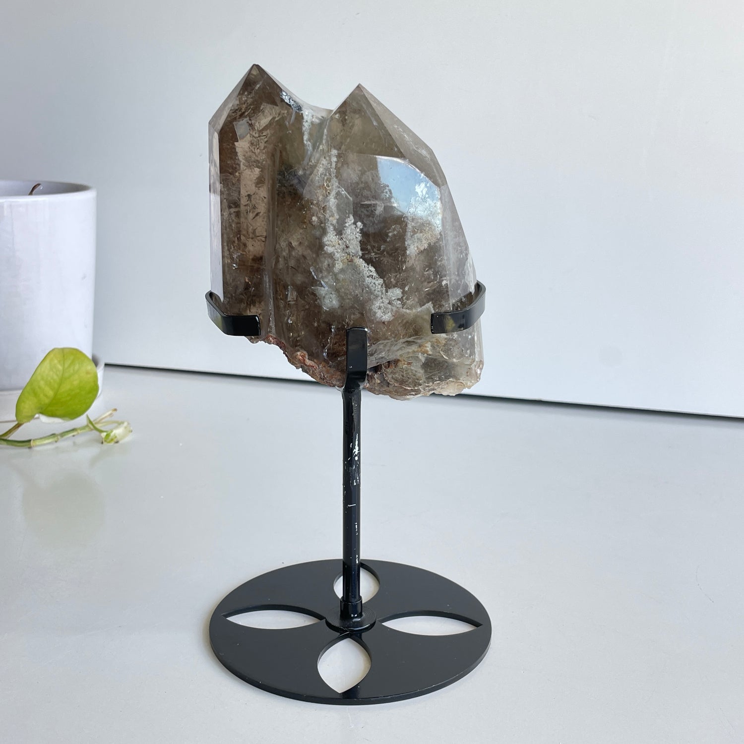 Smoky Garden Quartz Twin Point In Stand 13.4cm