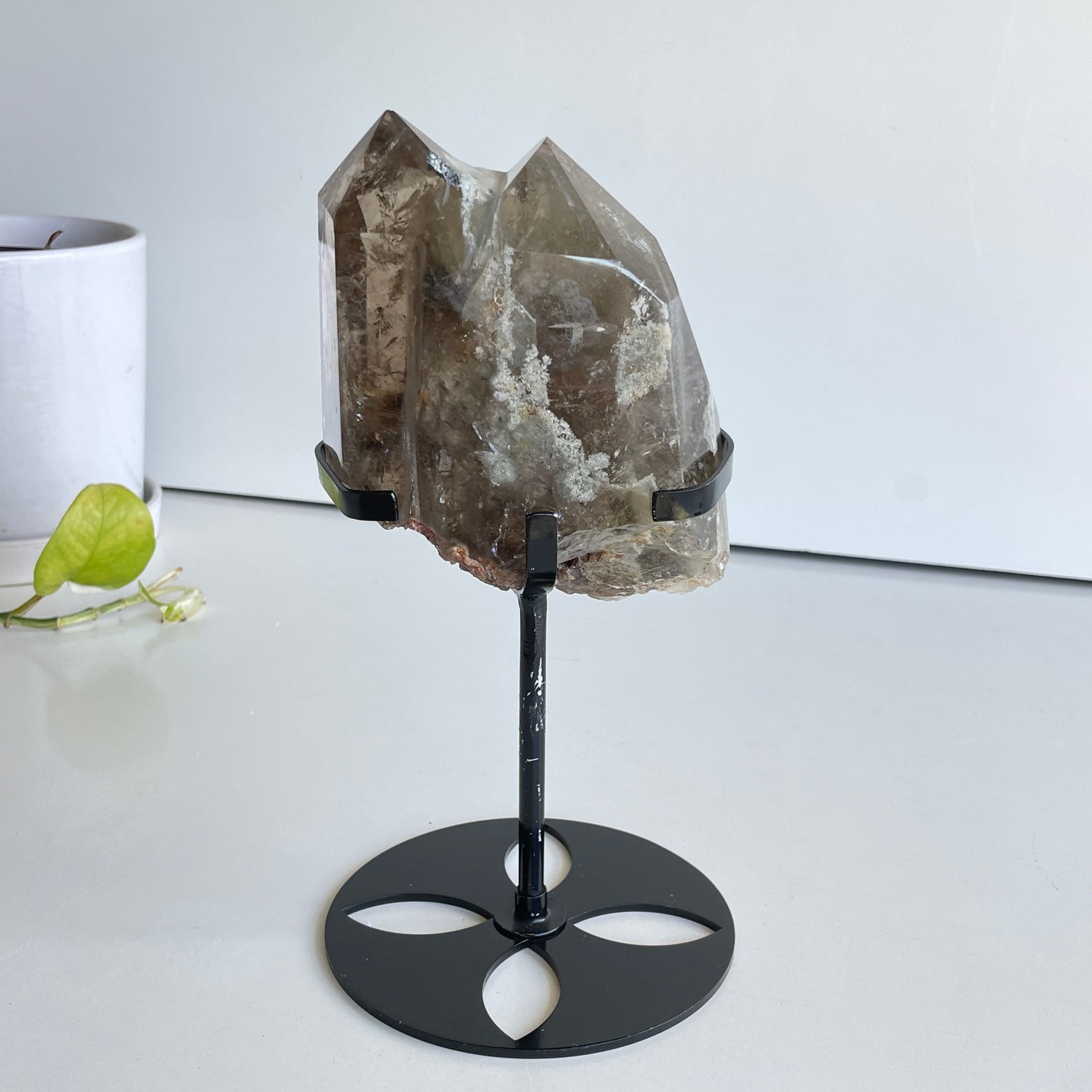 Smoky Garden Quartz Twin Point In Stand 13.4cm