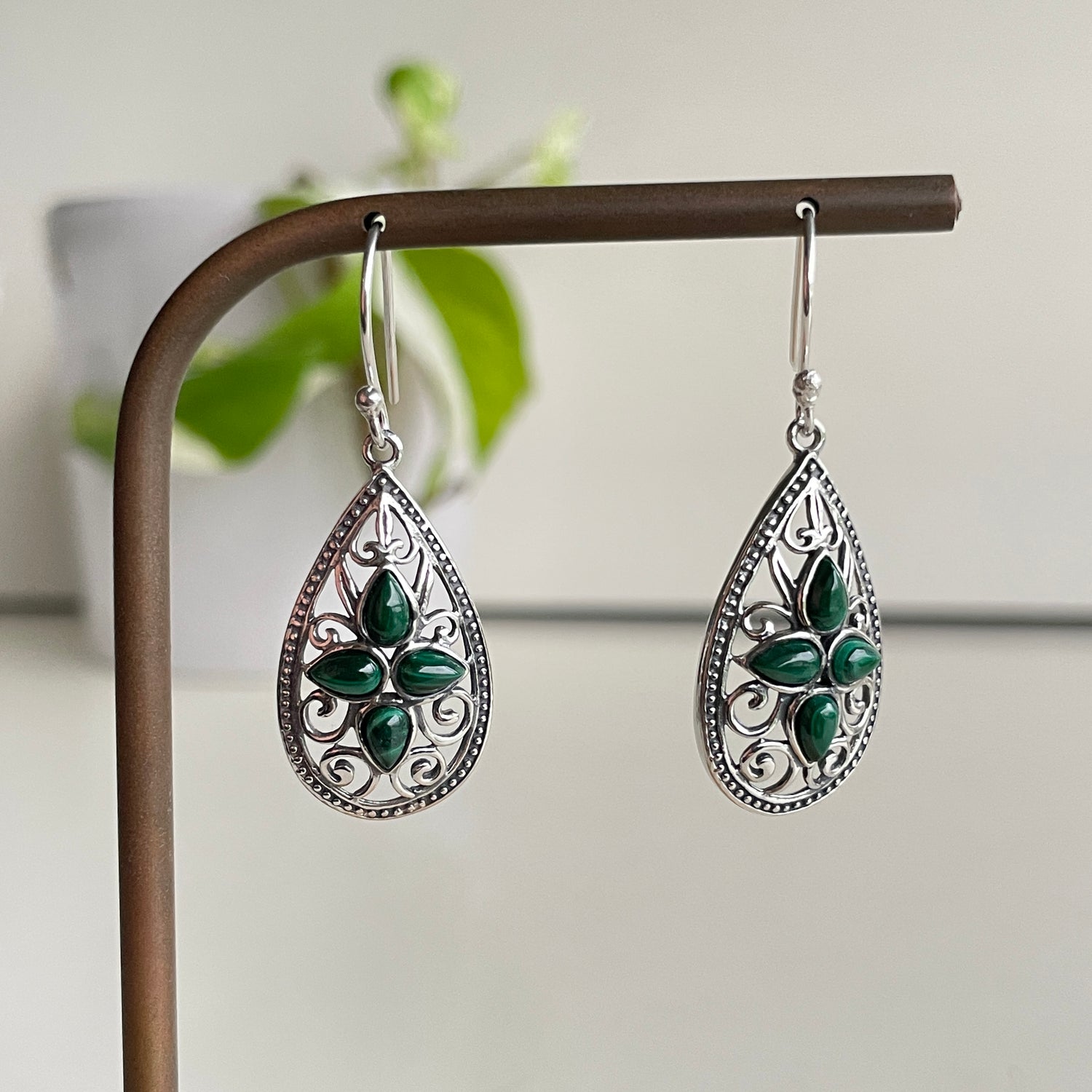 Malachite Filigree Teardrop Earrings