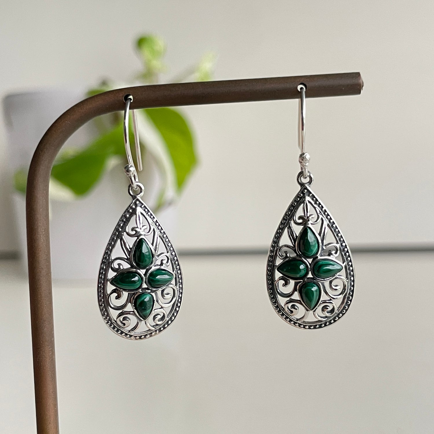 Malachite Filigree Teardrop Earrings