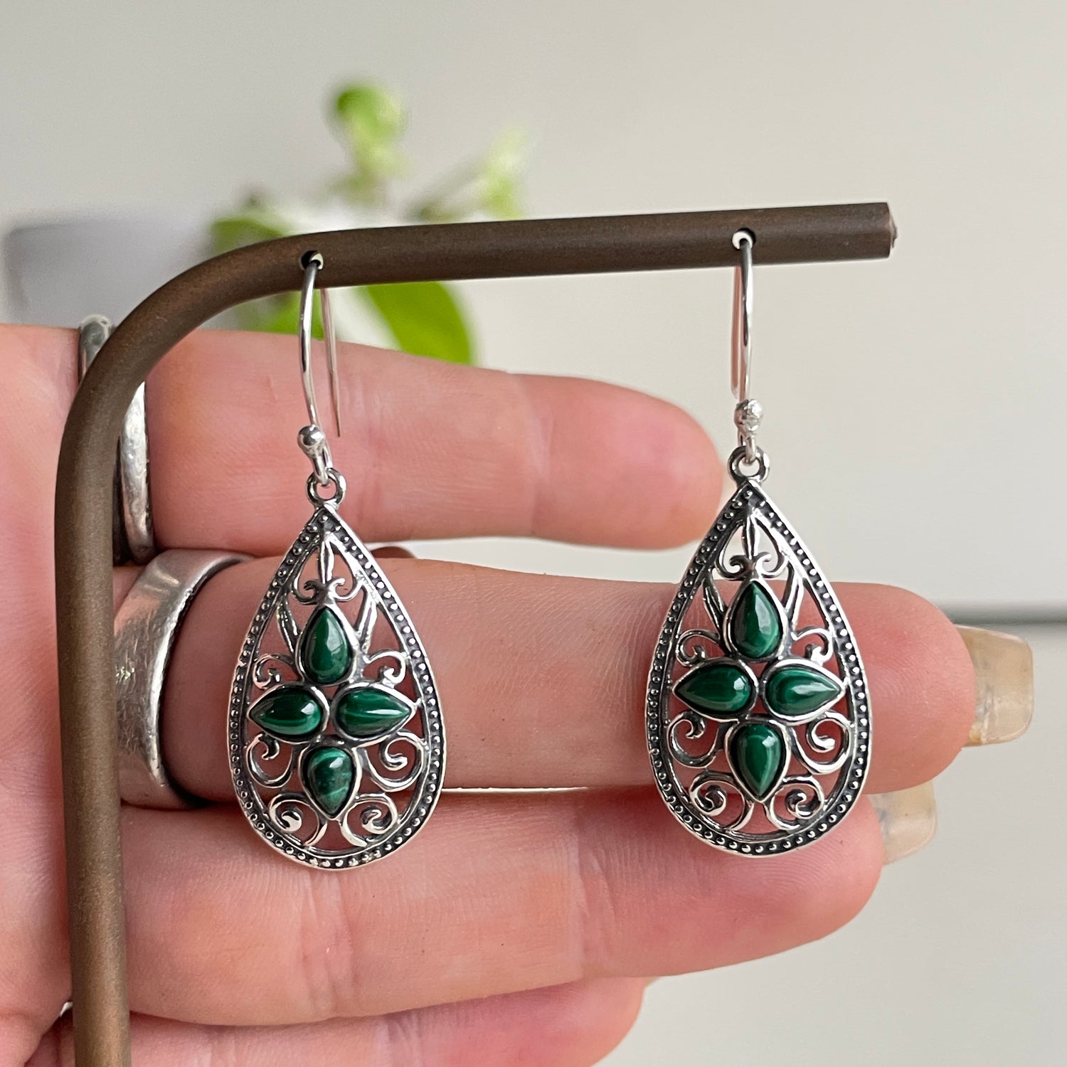 Malachite Filigree Teardrop Earrings