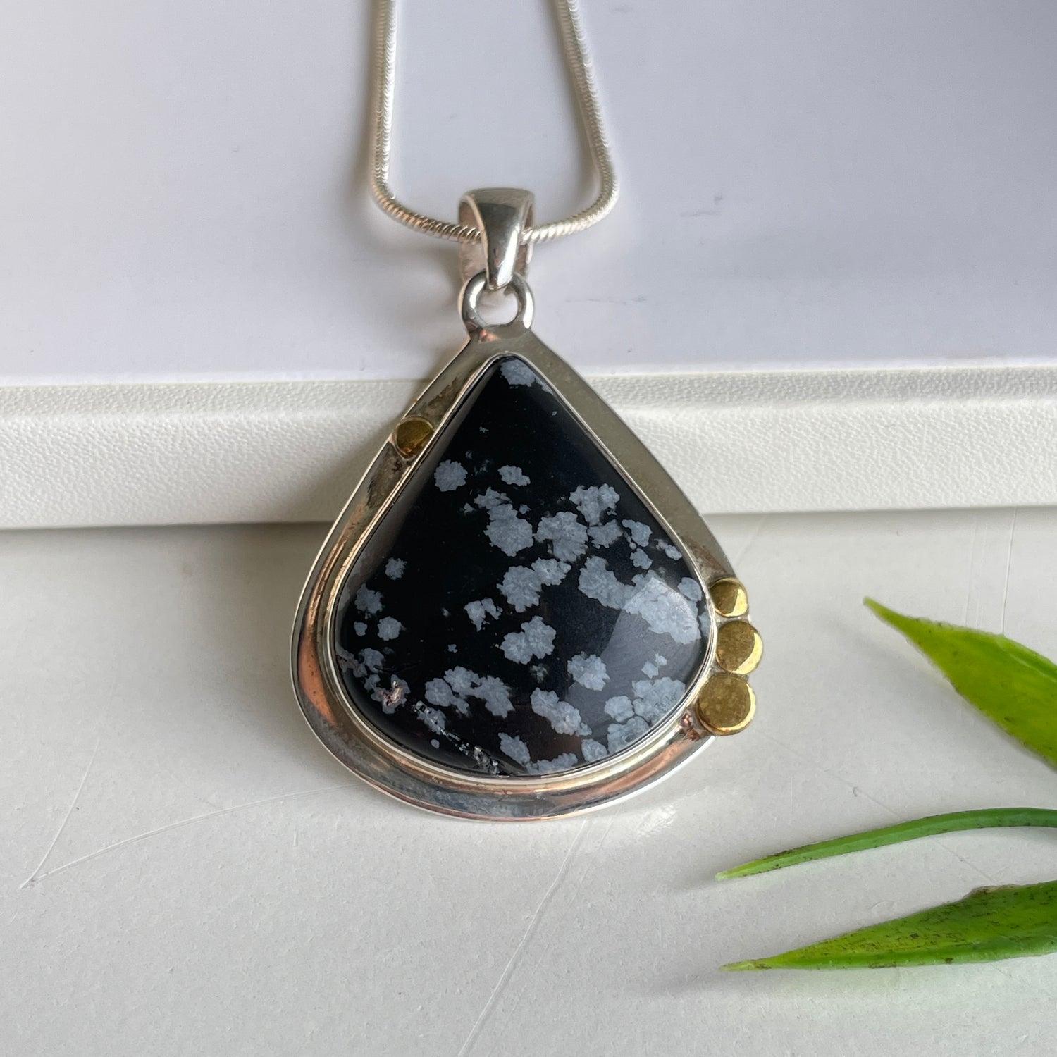 Snowflake Obsidian Teardrop Pendant 001
