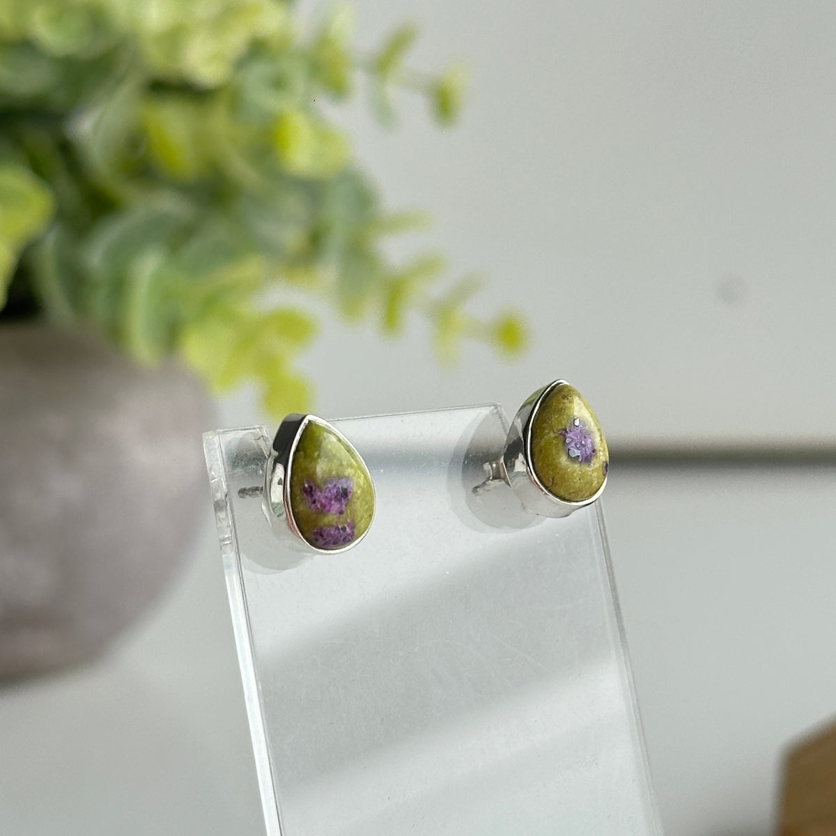 Stichtite In Serpentine Teardrop Stud Earrings