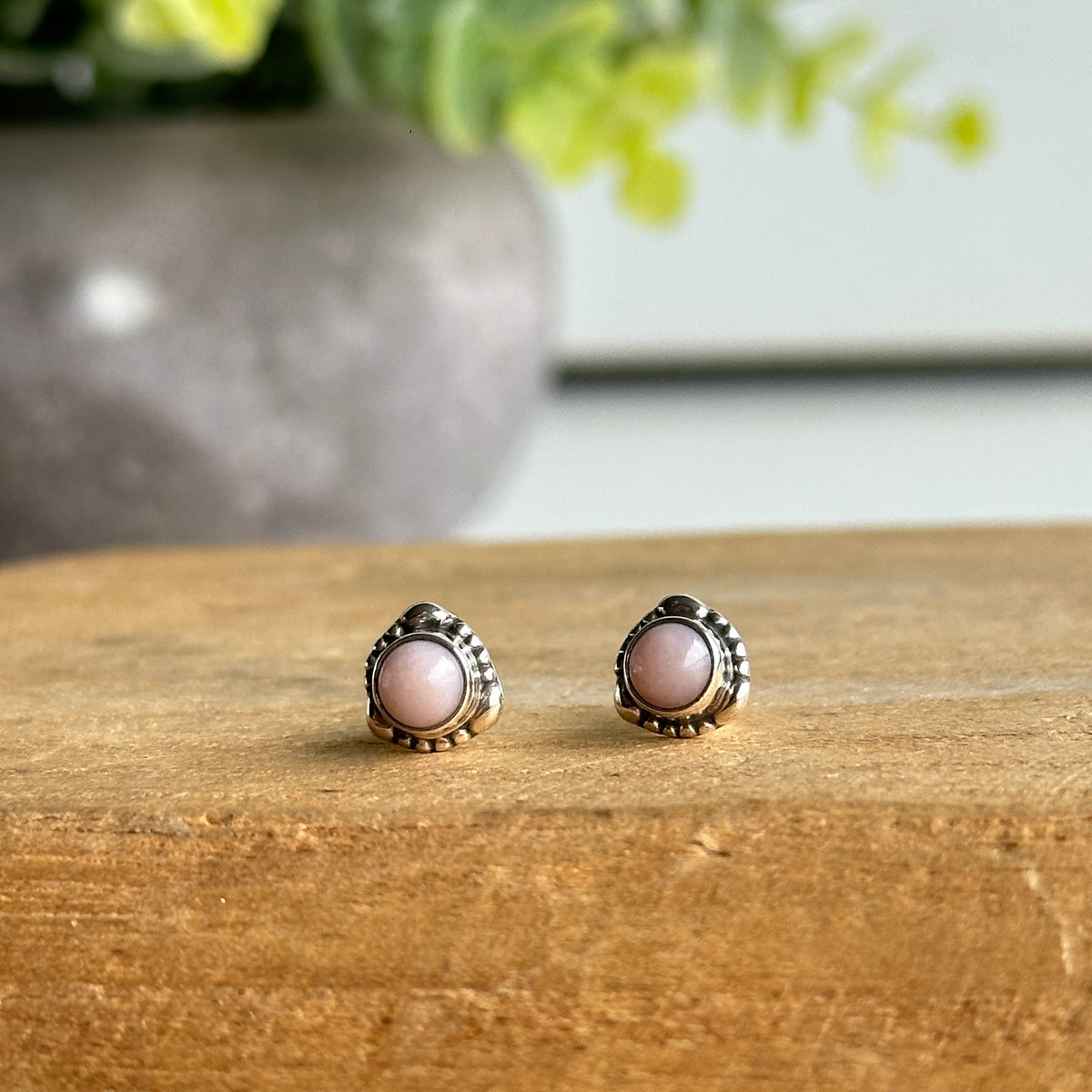 Pink Opal Round Stud Earrings