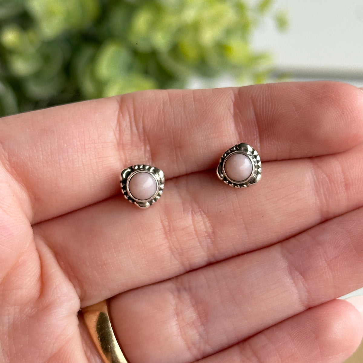 Pink Opal Round Stud Earrings