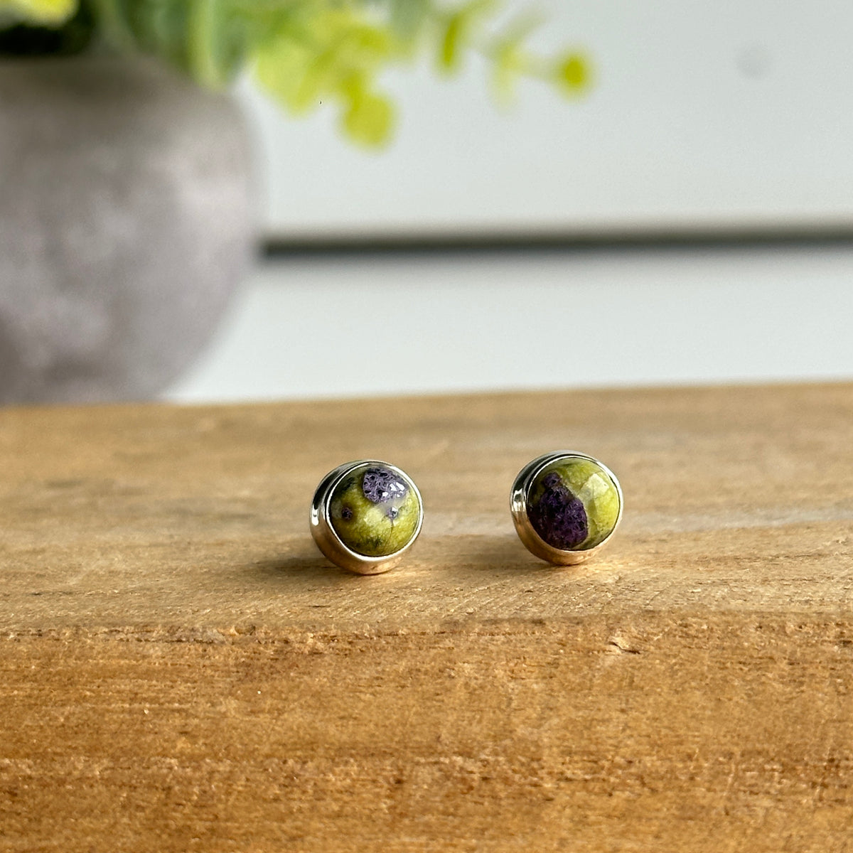 Stichtite In Serpentine Round Stud Earrings