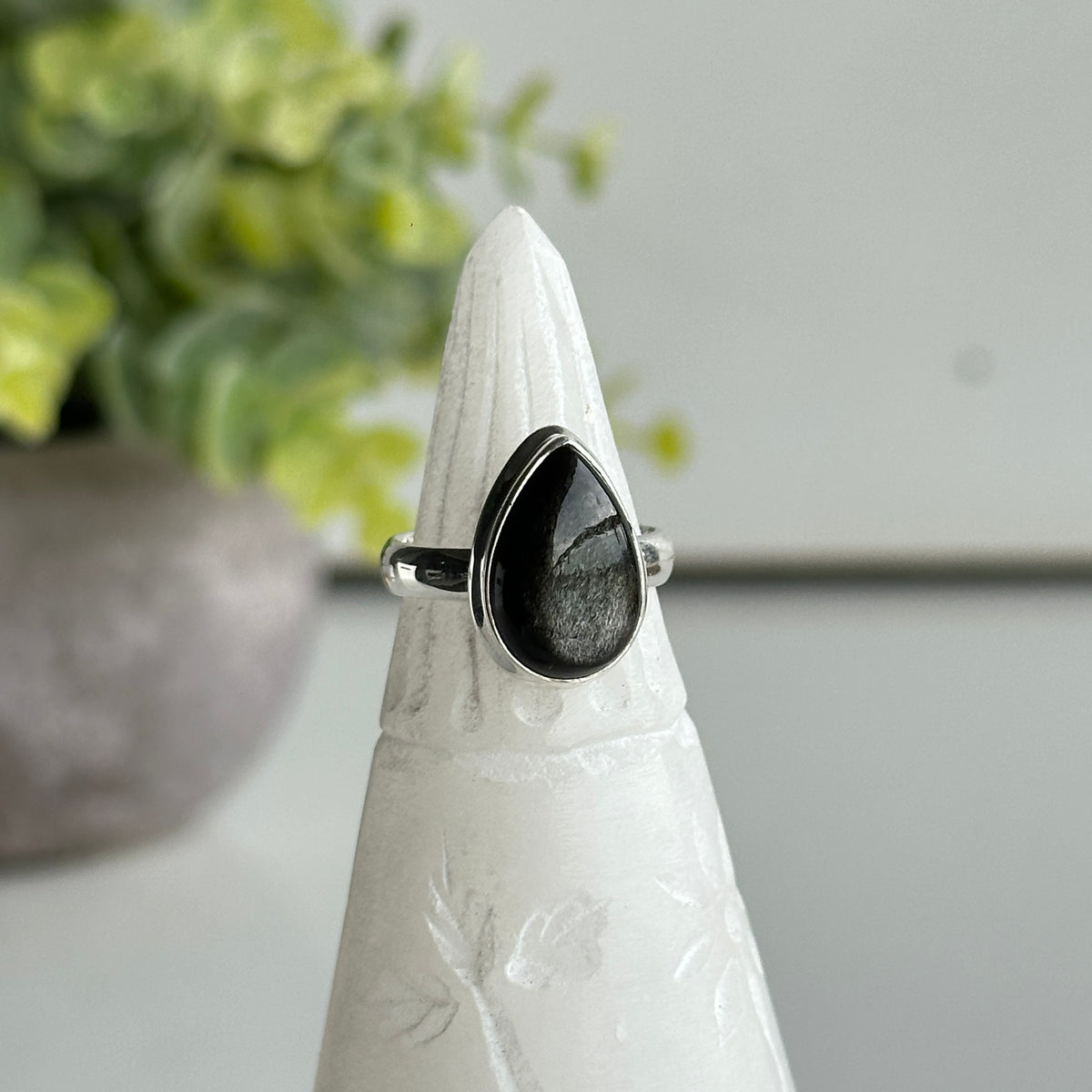 Silver Sheen Obsidian Teardrop Ring Sz6.5