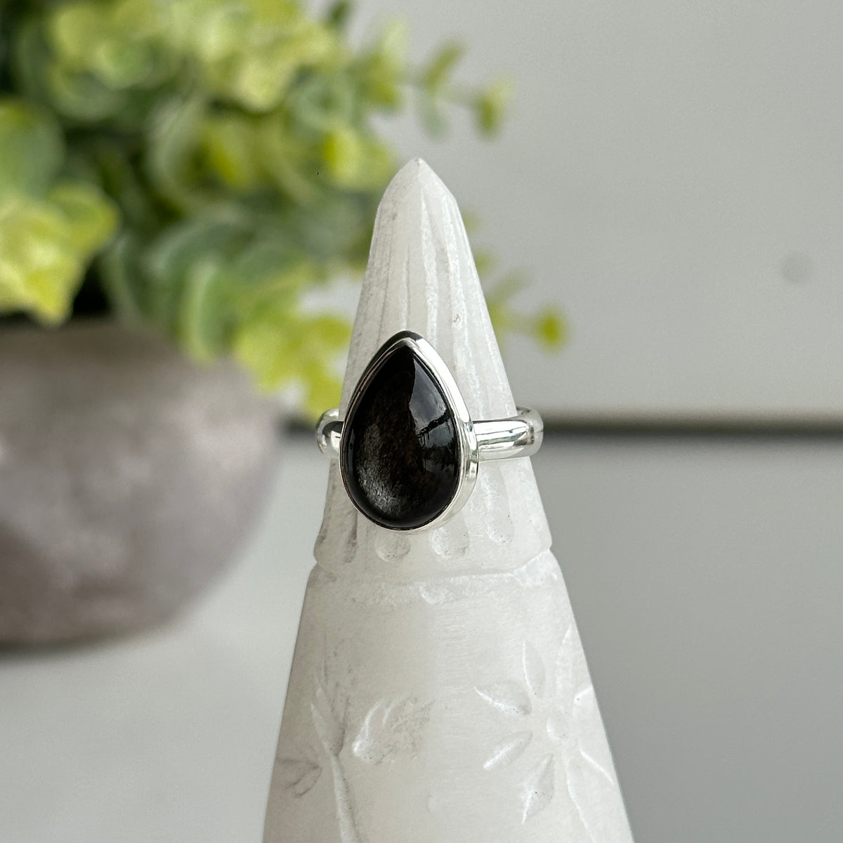 Silver Sheen Obsidian Teardrop Ring Sz6.5