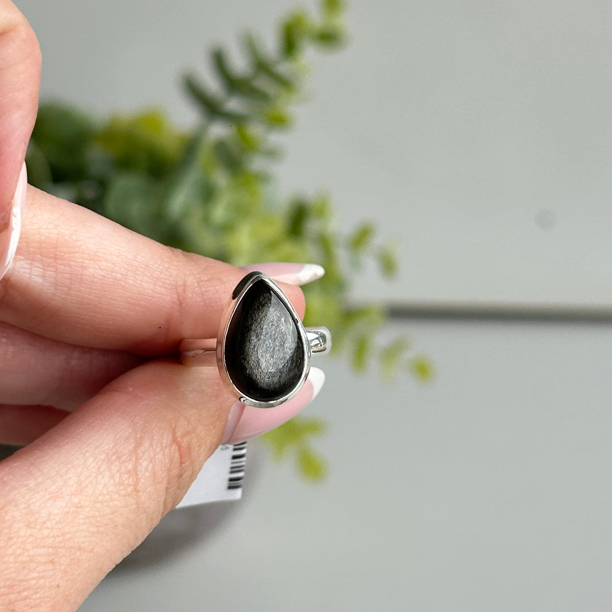 Silver Sheen Obsidian Teardrop Ring Sz6.5