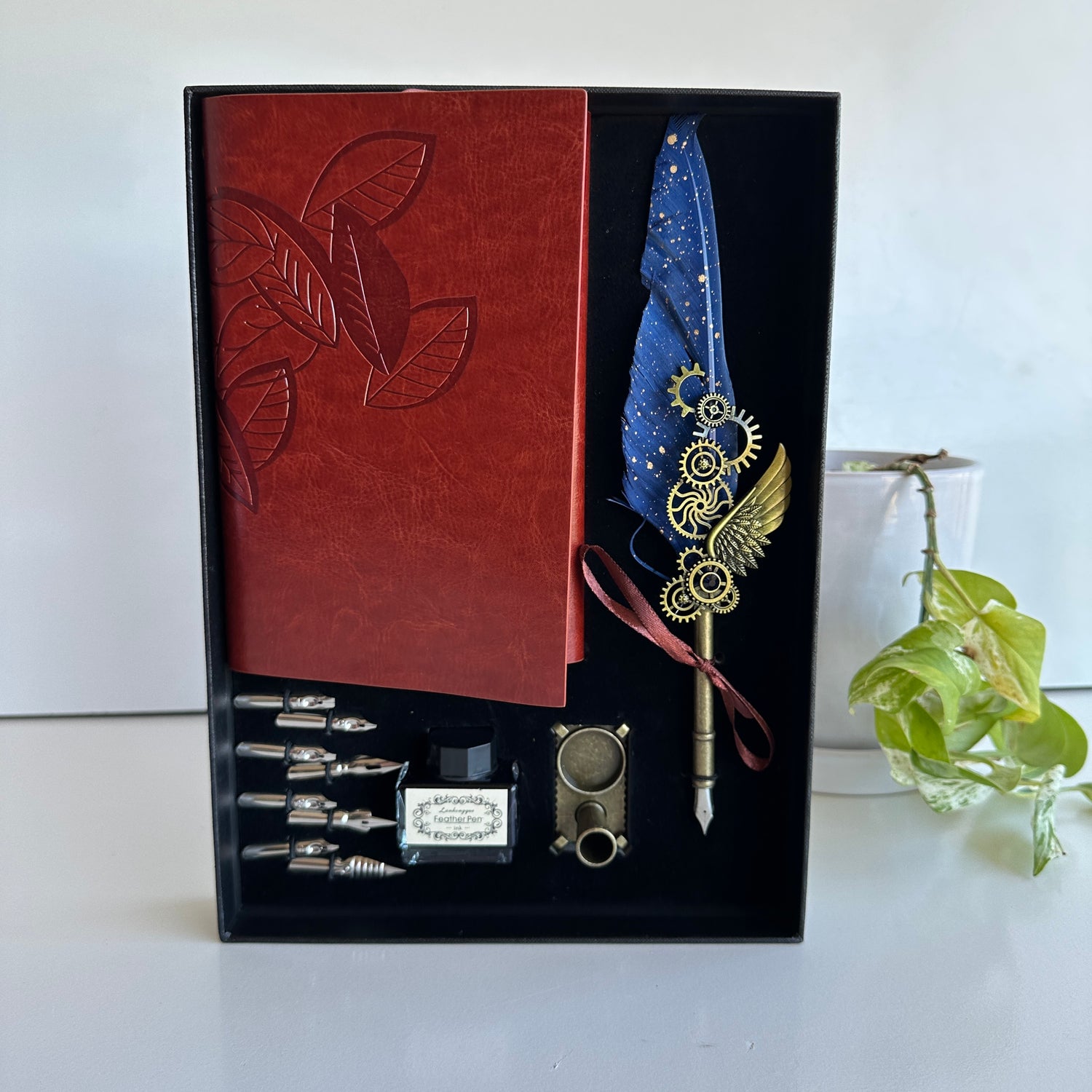 Boxed Quill With Nibs Ink Holder And Journal