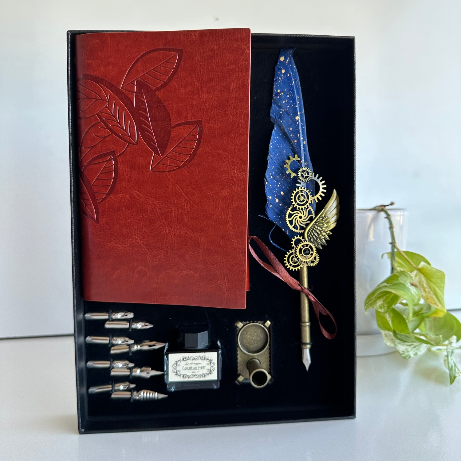 Boxed Quill With Nibs Ink Holder And Journal