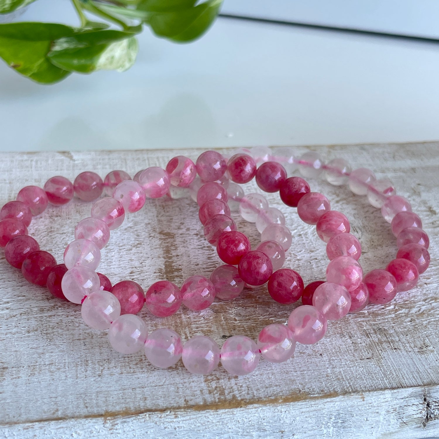 Rhodonite In Quartz Beaded Bracelet