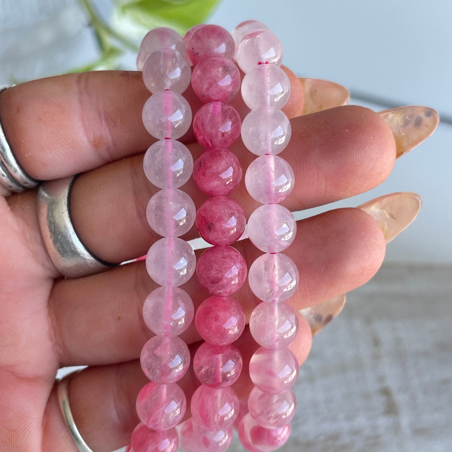 Rhodonite In Quartz Beaded Bracelet