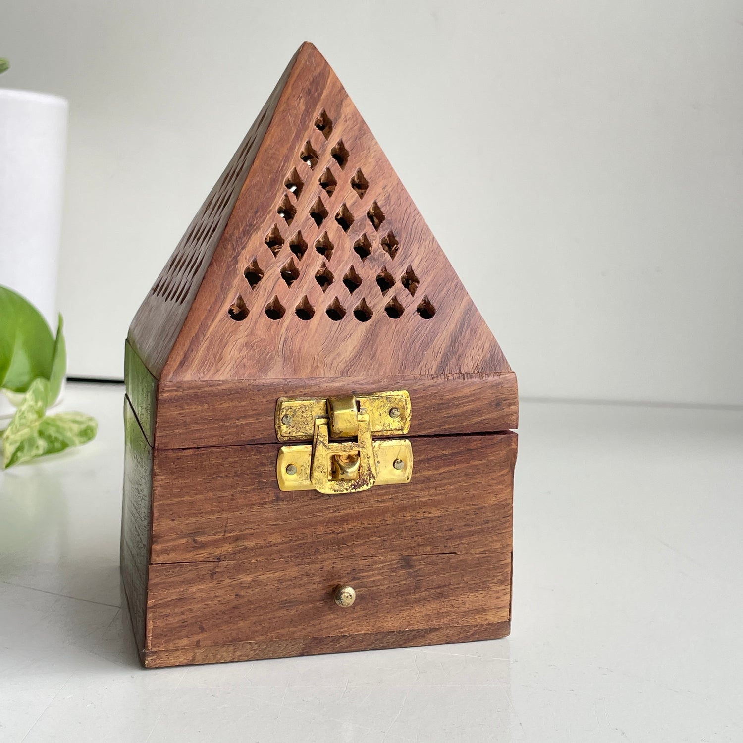 Pyramid Wooden Charcoal Incense Burner With Drawer