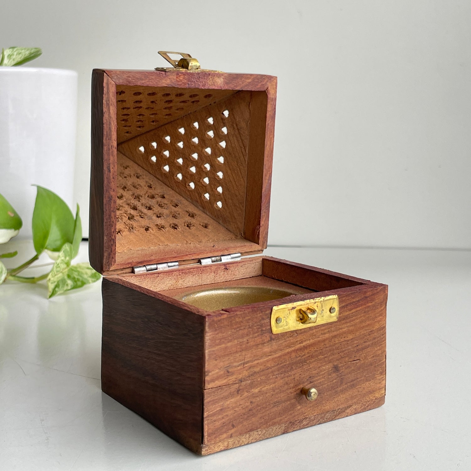 Pyramid Wooden Charcoal Incense Burner With Drawer