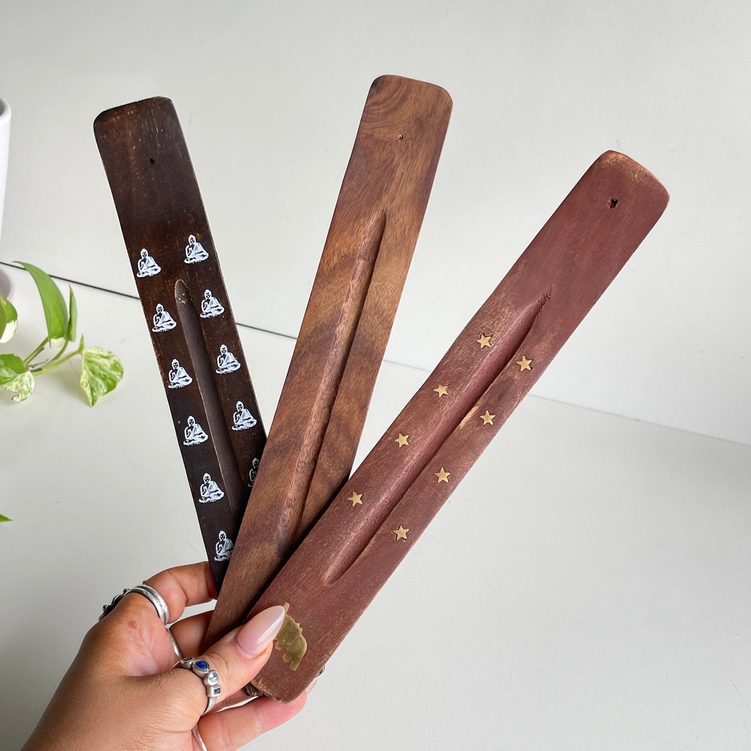 Wooden Flat Incense Holder Brass Inlay