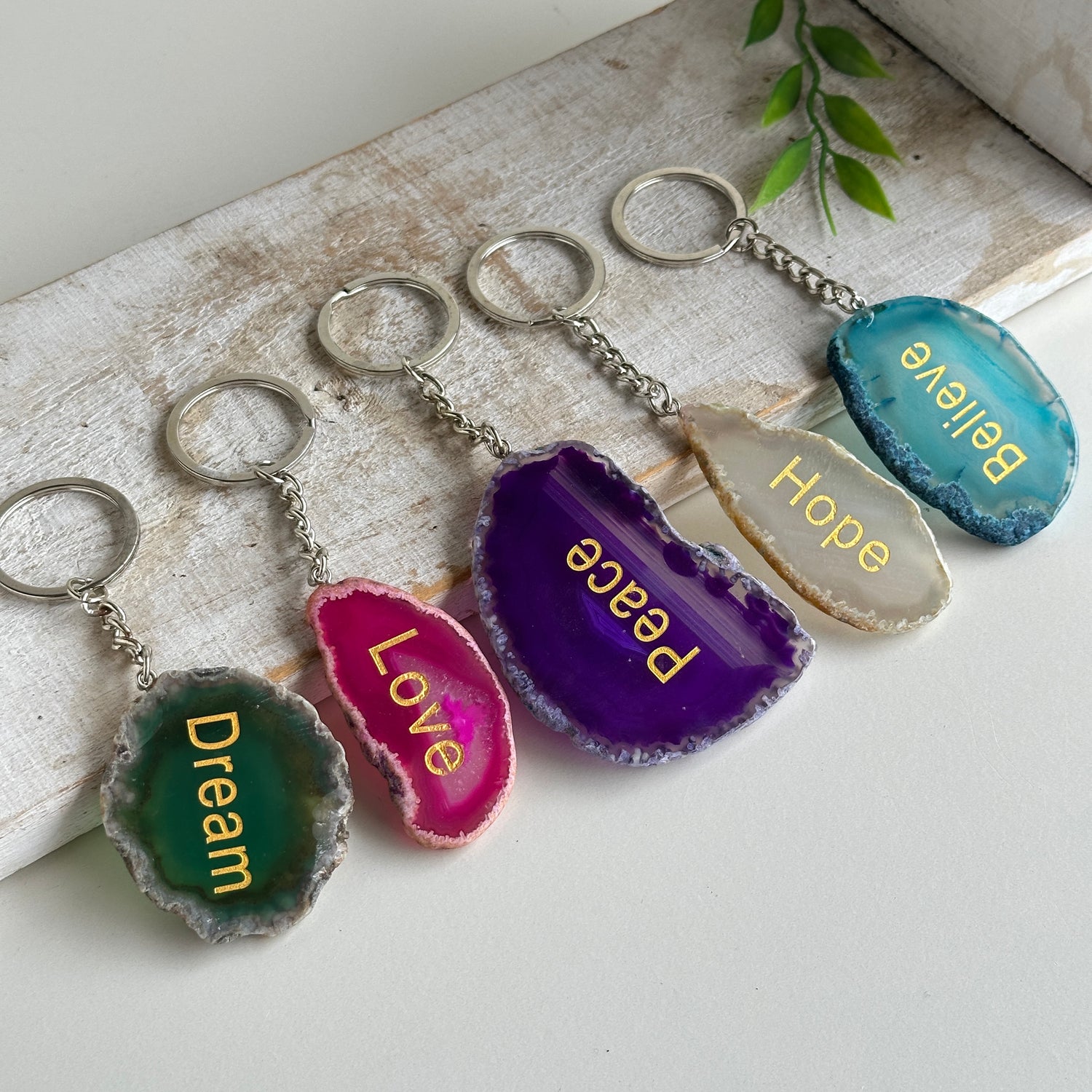 Agate Slice Keychain With Words