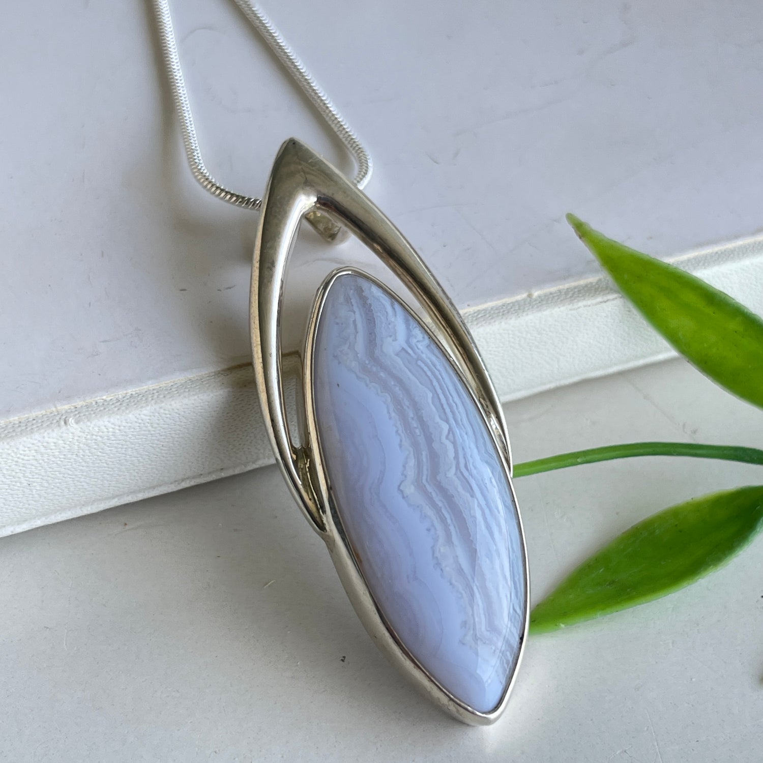 Blue Lace Agate Marquise Pendant