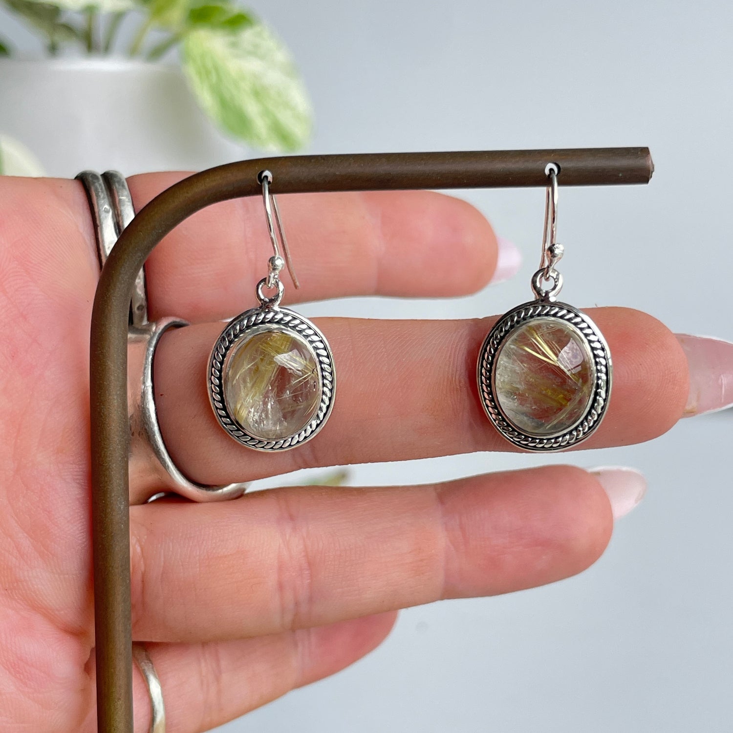 Rutilated Quartz Detailed Oval Earrings