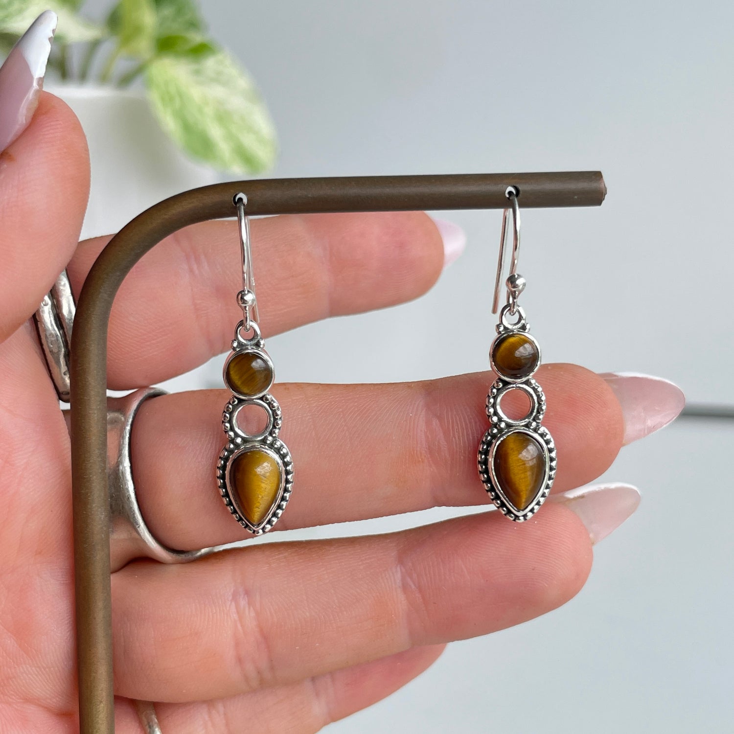 Tigers Eye Double Stone Earrings