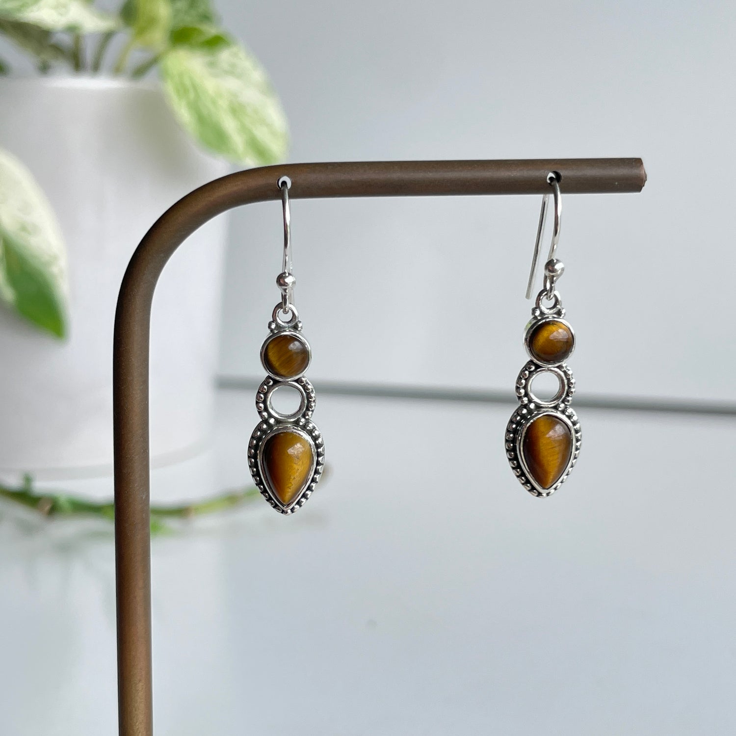 Tigers Eye Double Stone Earrings