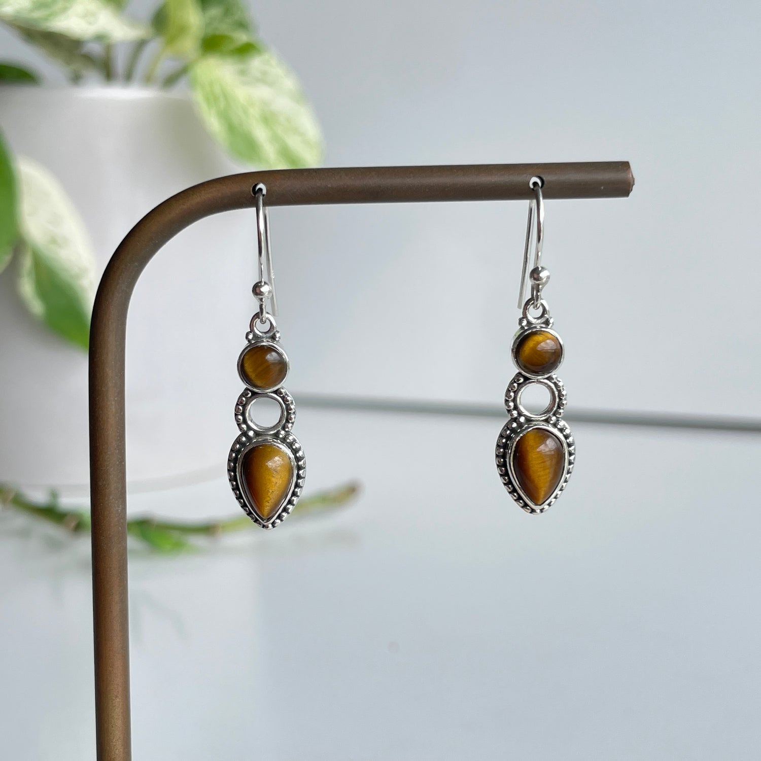 Tigers Eye Double Stone Earrings
