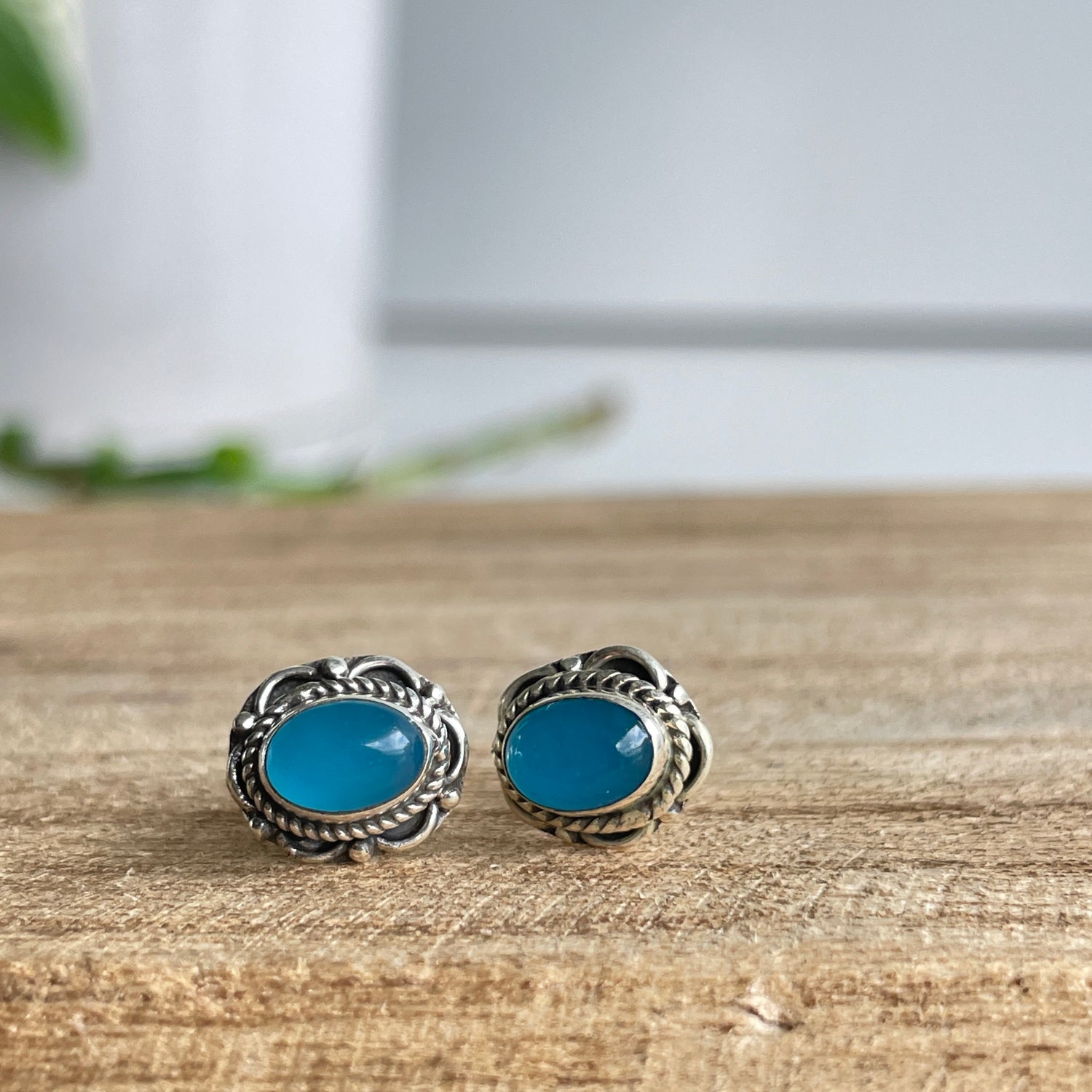 Blue Chalcedony Oval Studs 001