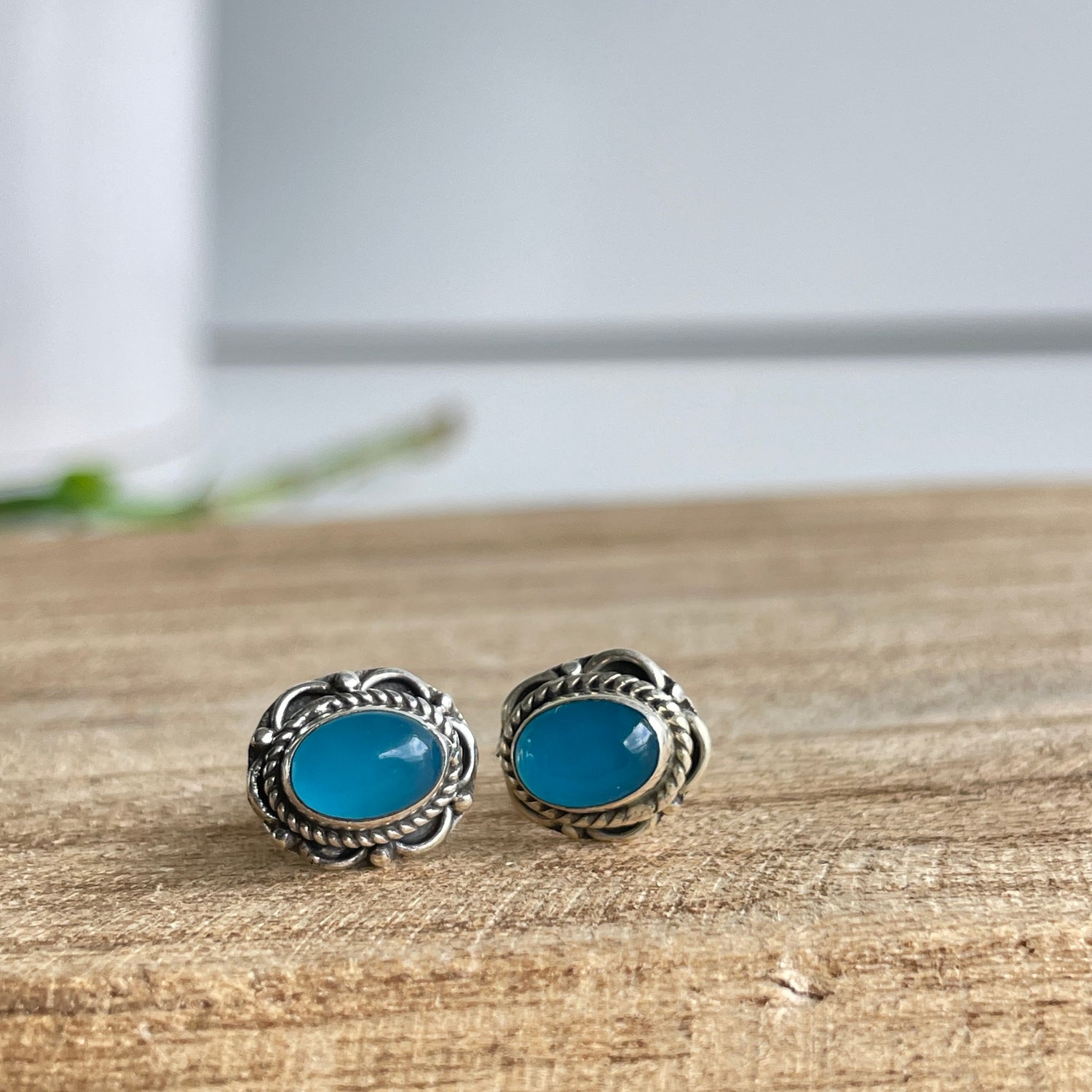 Blue Chalcedony Oval Studs 001
