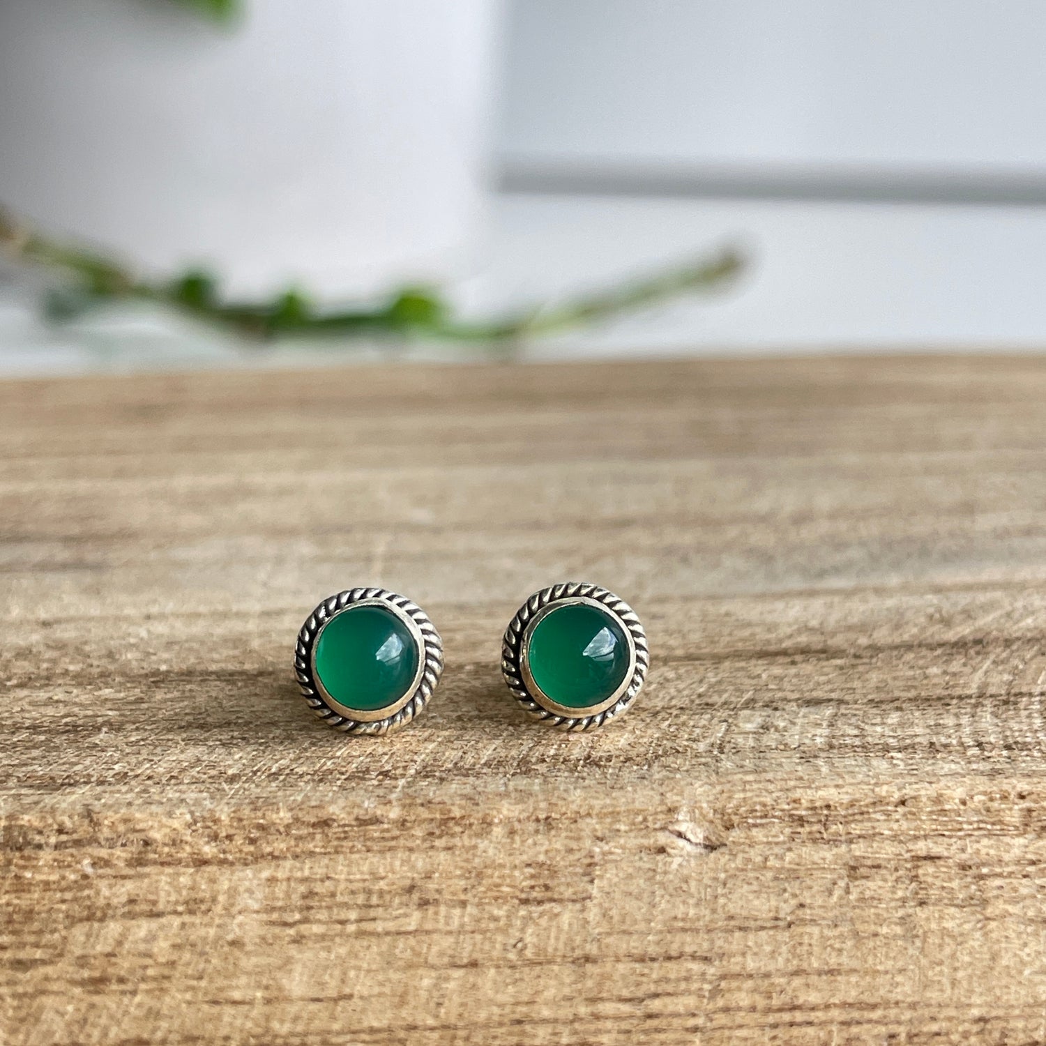 Green Onyx Round Stud Earrings
