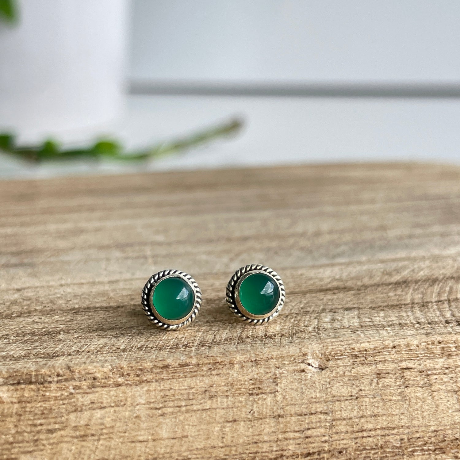 Green Onyx Round Stud Earrings