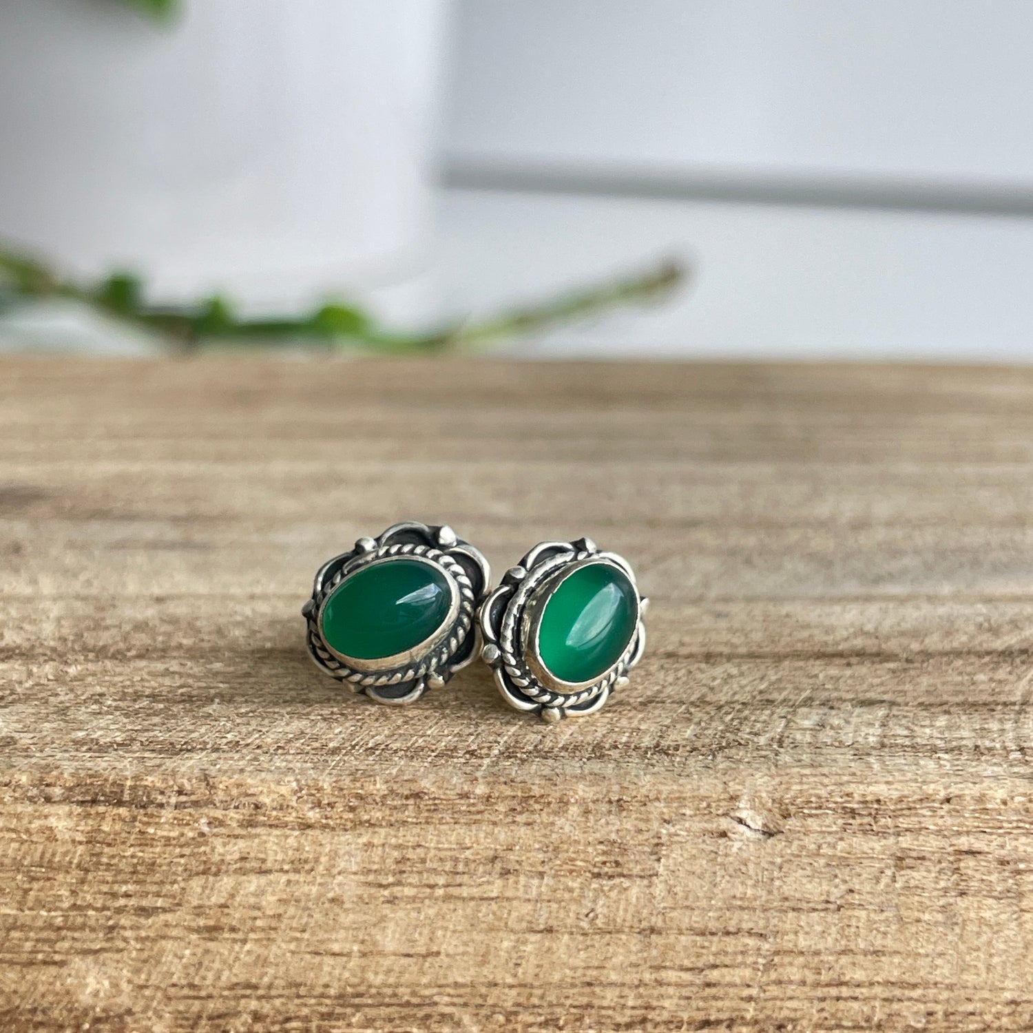 Green Onyx Oval Stud Earrings