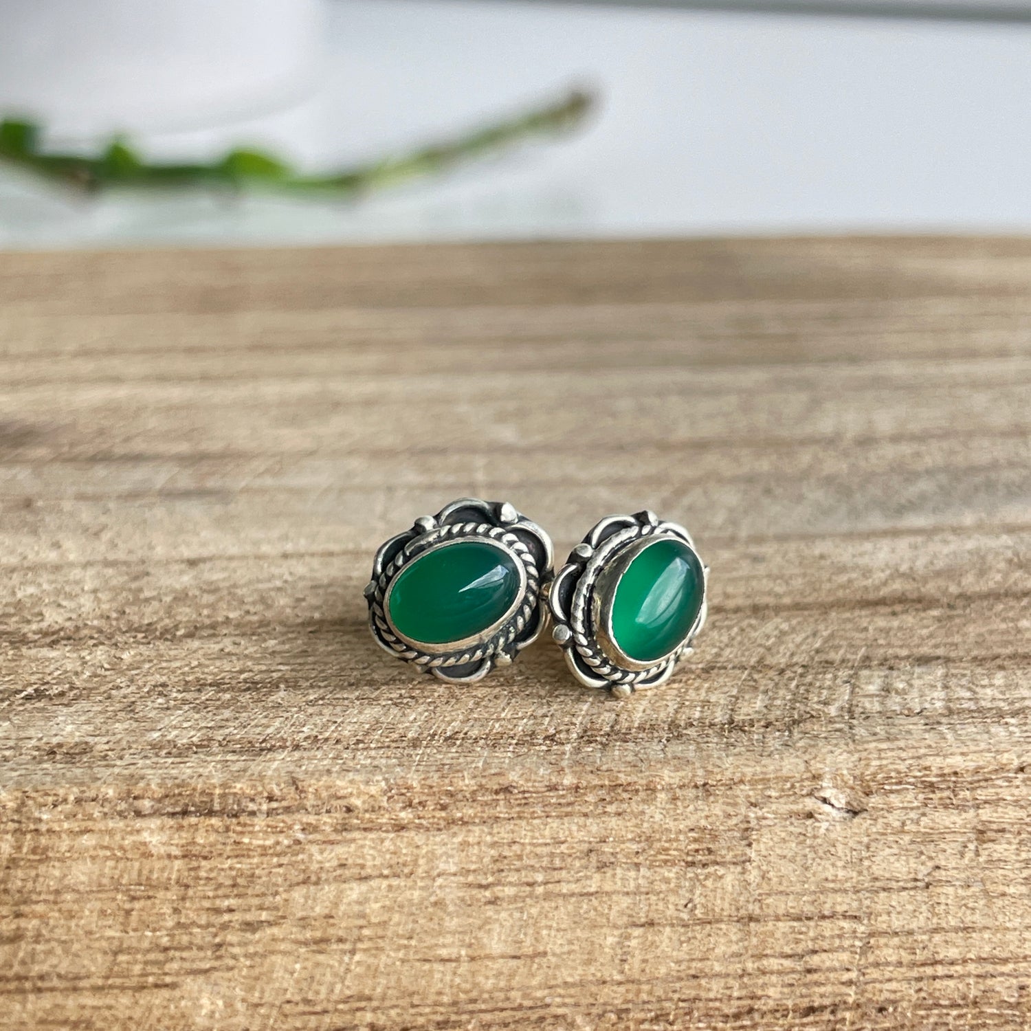 Green Onyx Oval Stud Earrings