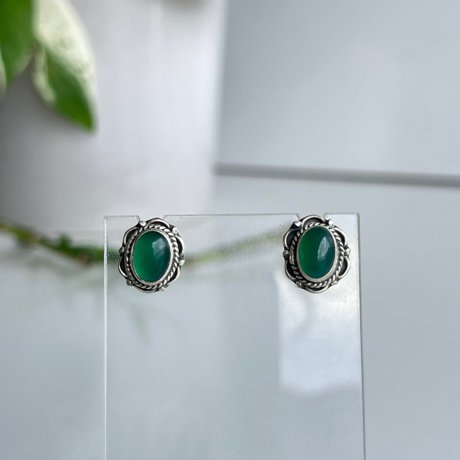 Green Onyx Oval Stud Earrings
