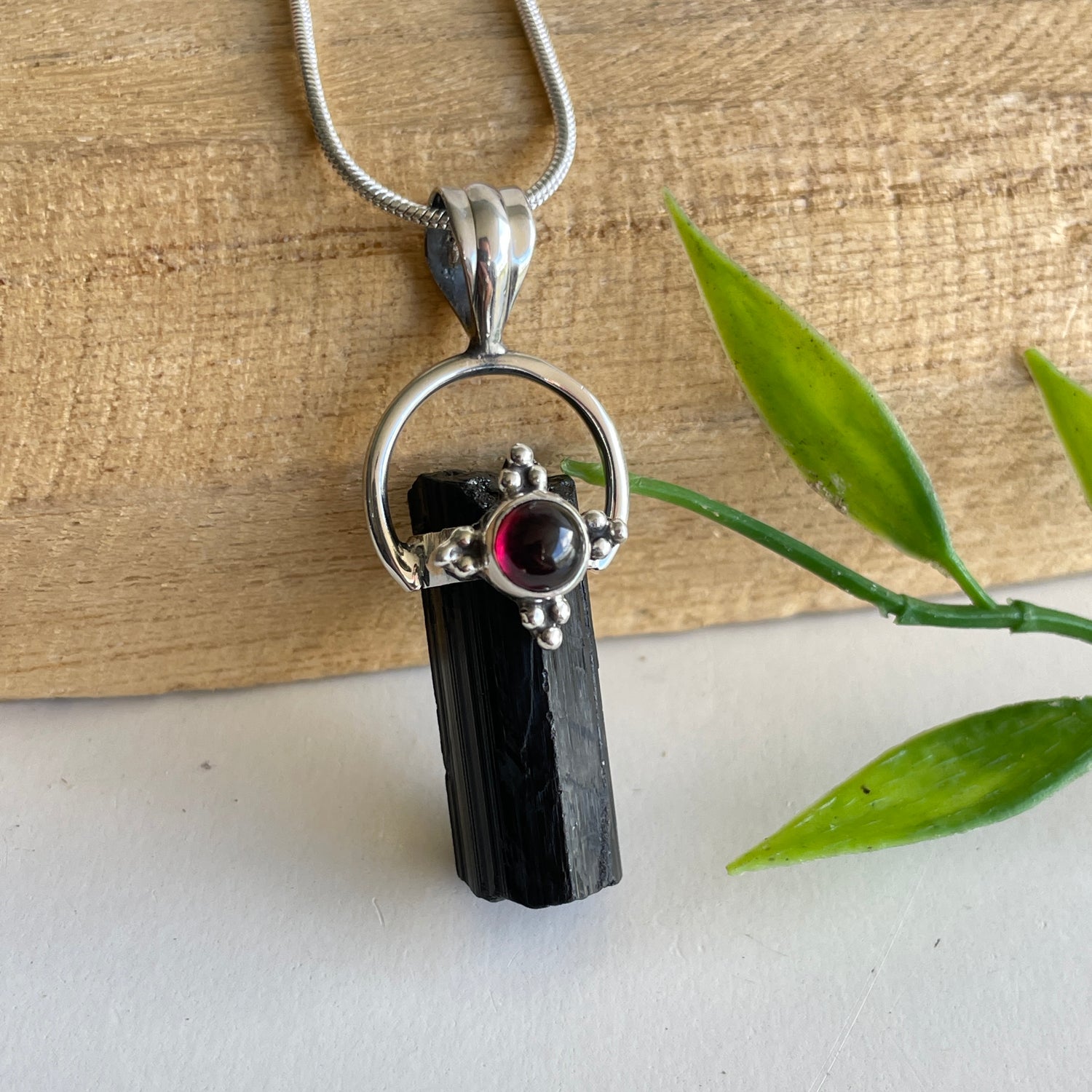 Black Tourmaline Point with Garnet Pendant