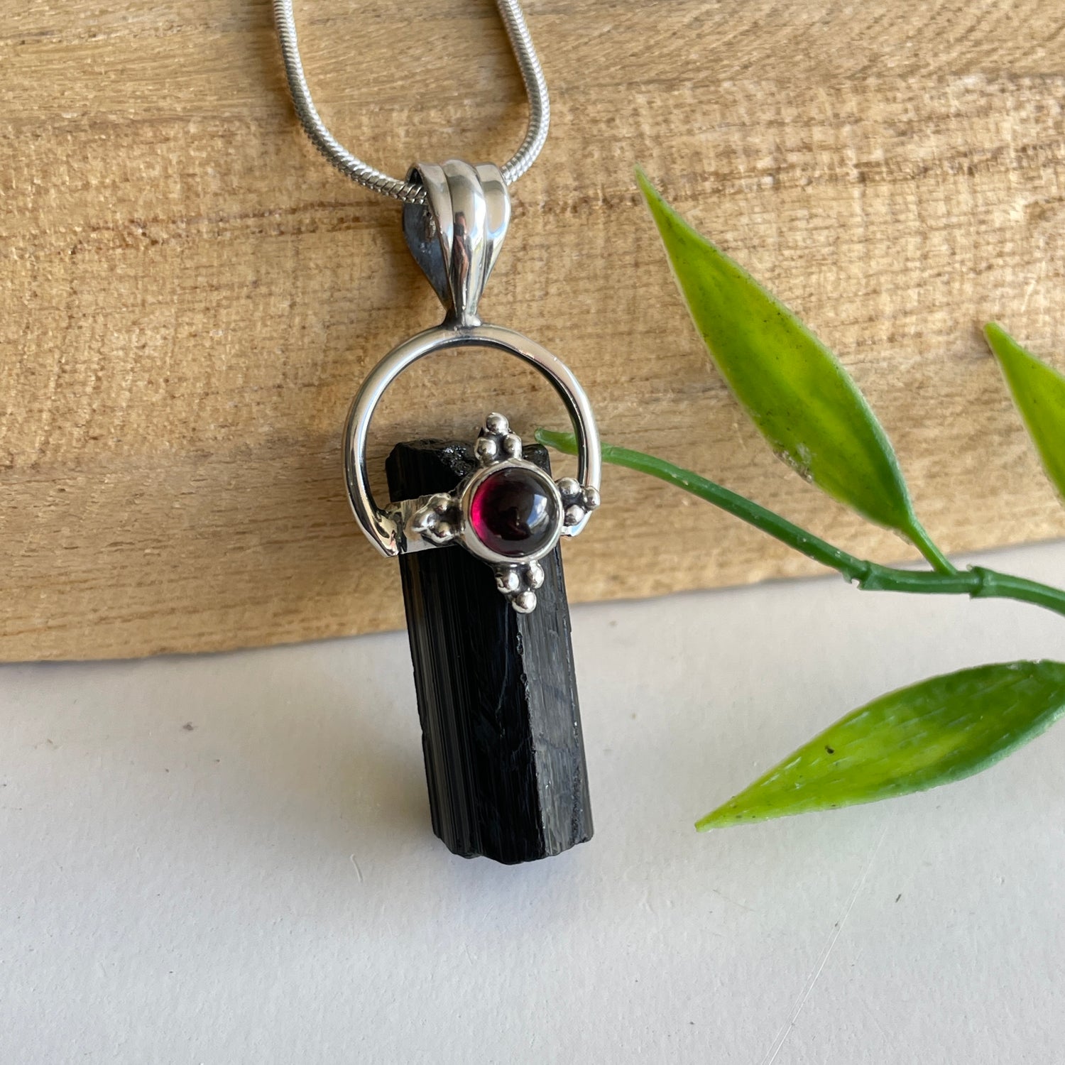 Black Tourmaline Point with Garnet Pendant