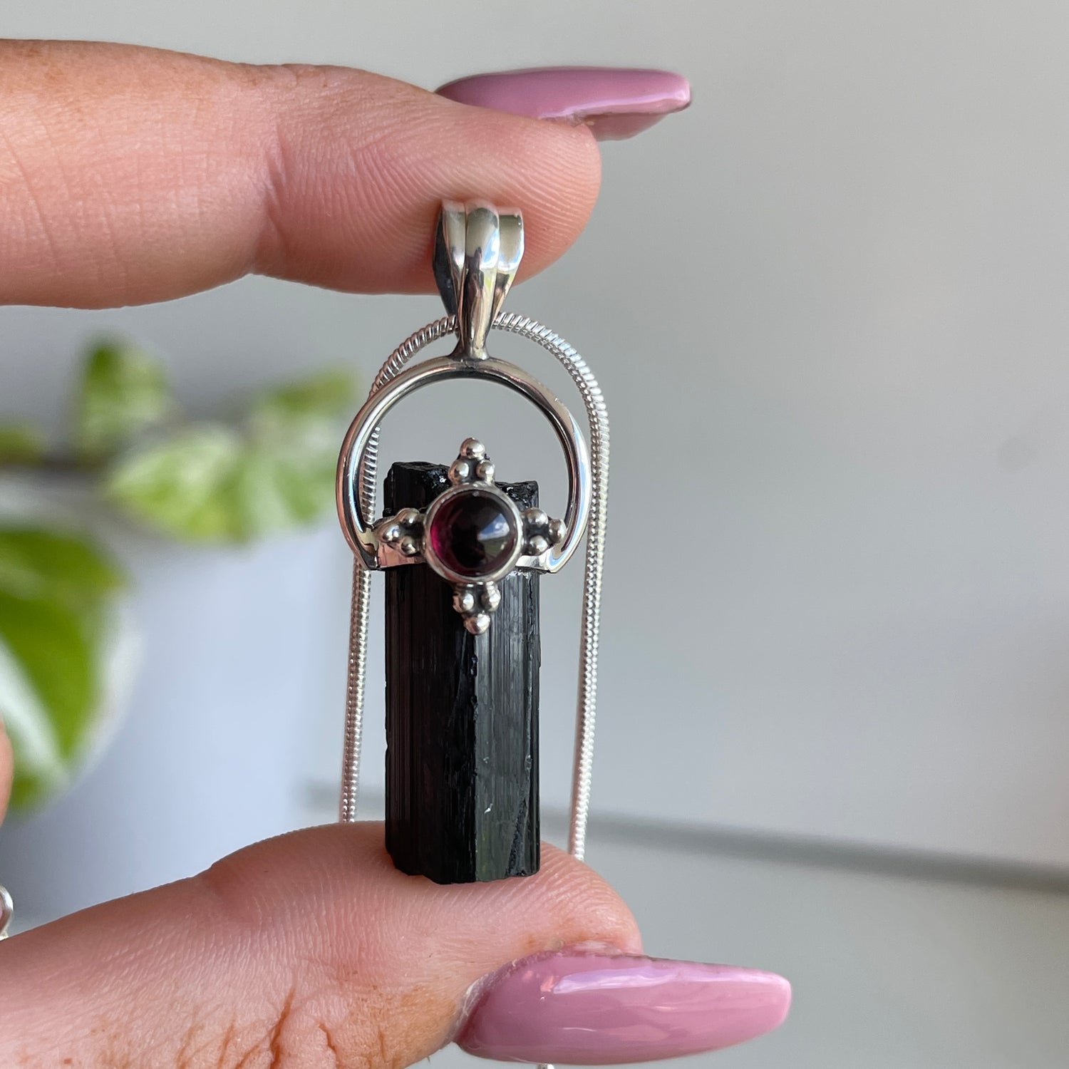 Black Tourmaline Point with Garnet Pendant
