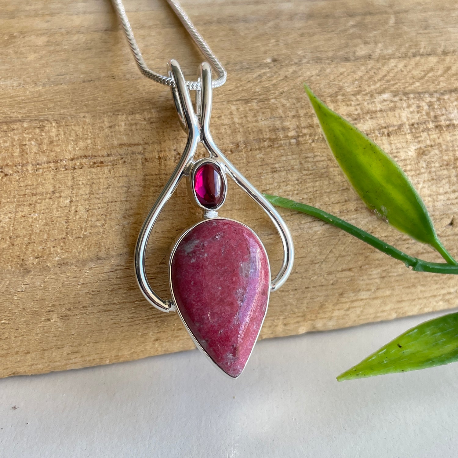 Thulite Teardrop with Garnet Pendant
