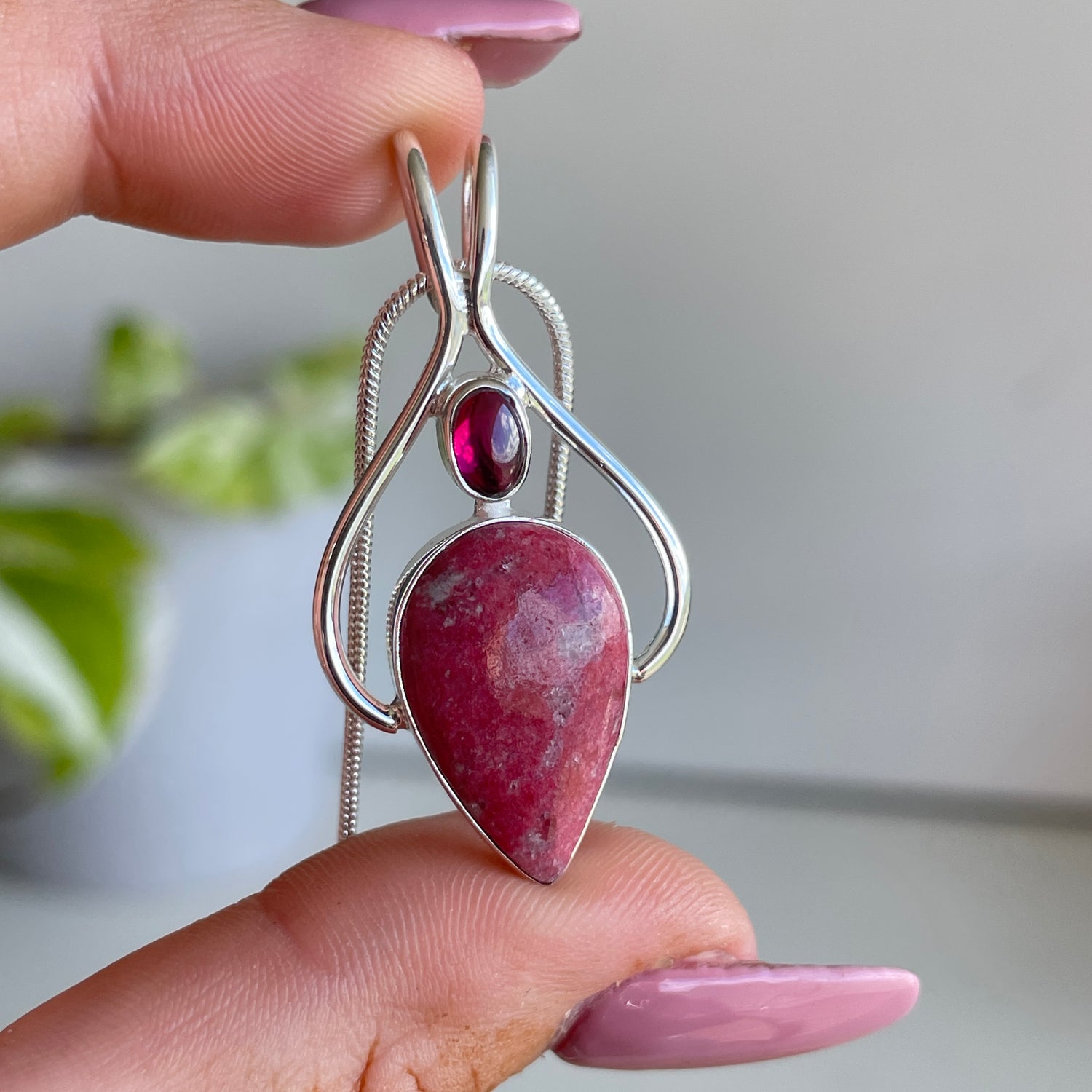Thulite Teardrop with Garnet Pendant