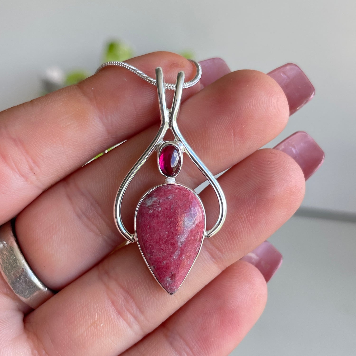 Thulite Teardrop with Garnet Pendant