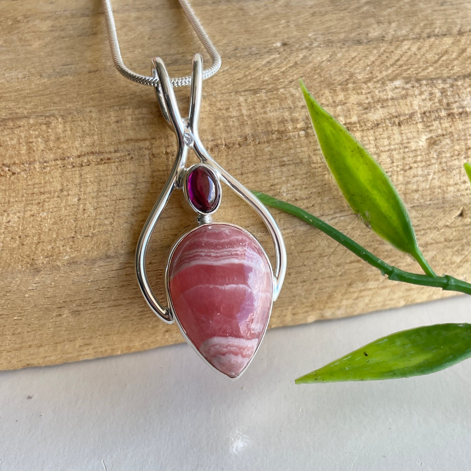 Rhodochrosite Teardrop with Garnet Pendant