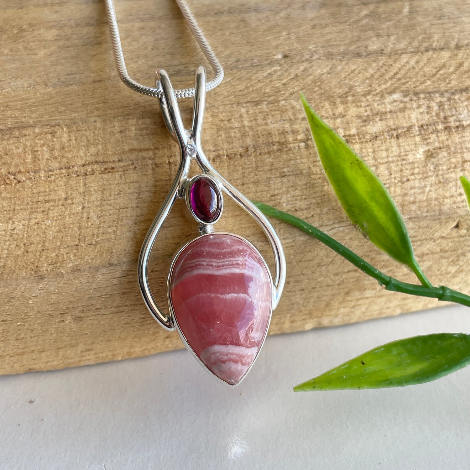 Rhodochrosite Teardrop with Garnet Pendant
