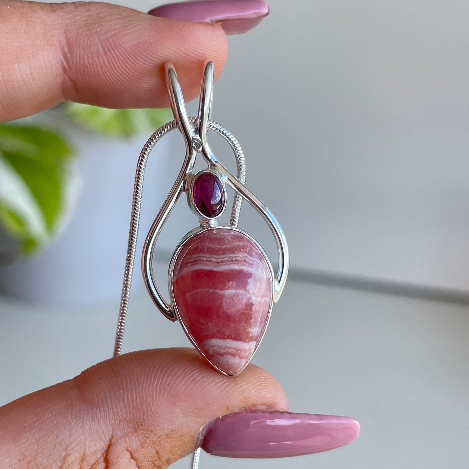 Rhodochrosite Teardrop with Garnet Pendant